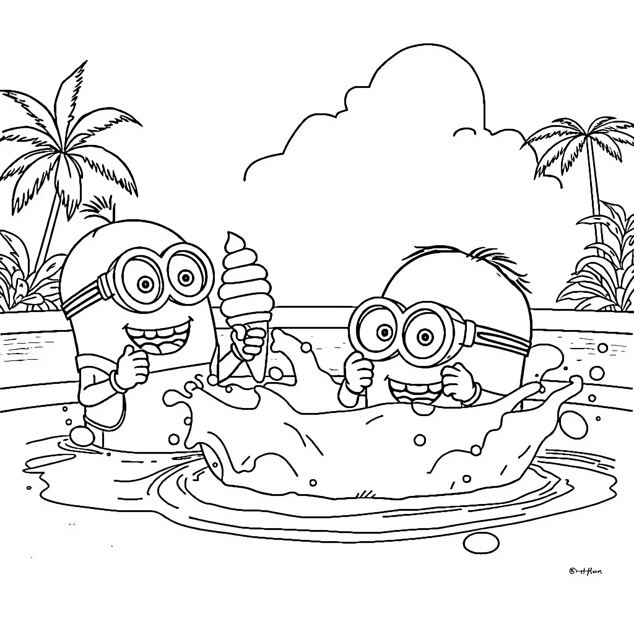 Minions enjoying a day at the beach Coloring Page (free black-and-white line drawing printable PDF for all, from beginners to advanced learners, including children, teens, adults, and seniors)
