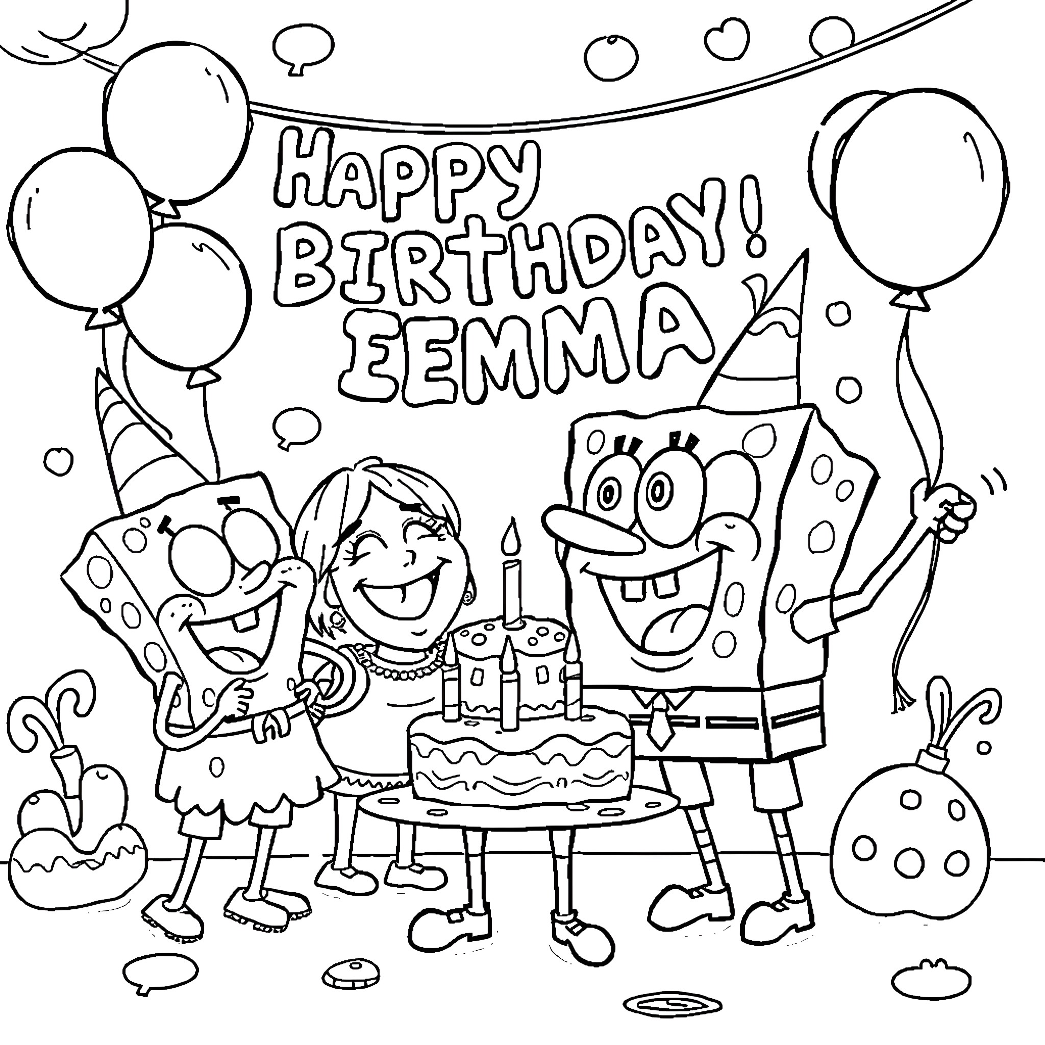 Spongebob and friends celebrate Eemma's birthday party Coloring Page (free black-and-white line drawing printable PDF for all, from beginners to advanced learners, including children, teens, adults, and seniors)