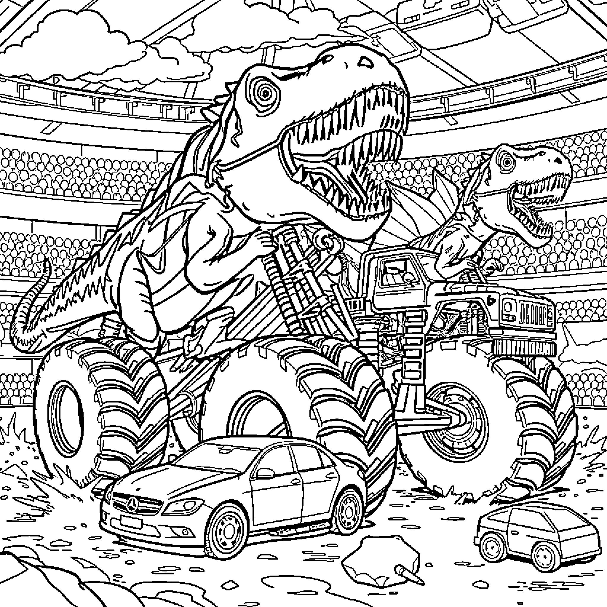 Dinosaur Monster Truck Crushing Cars in Arena Coloring Page (free black-and-white line drawing printable PDF for all, from beginners to advanced learners, including children, teens, adults, and seniors)