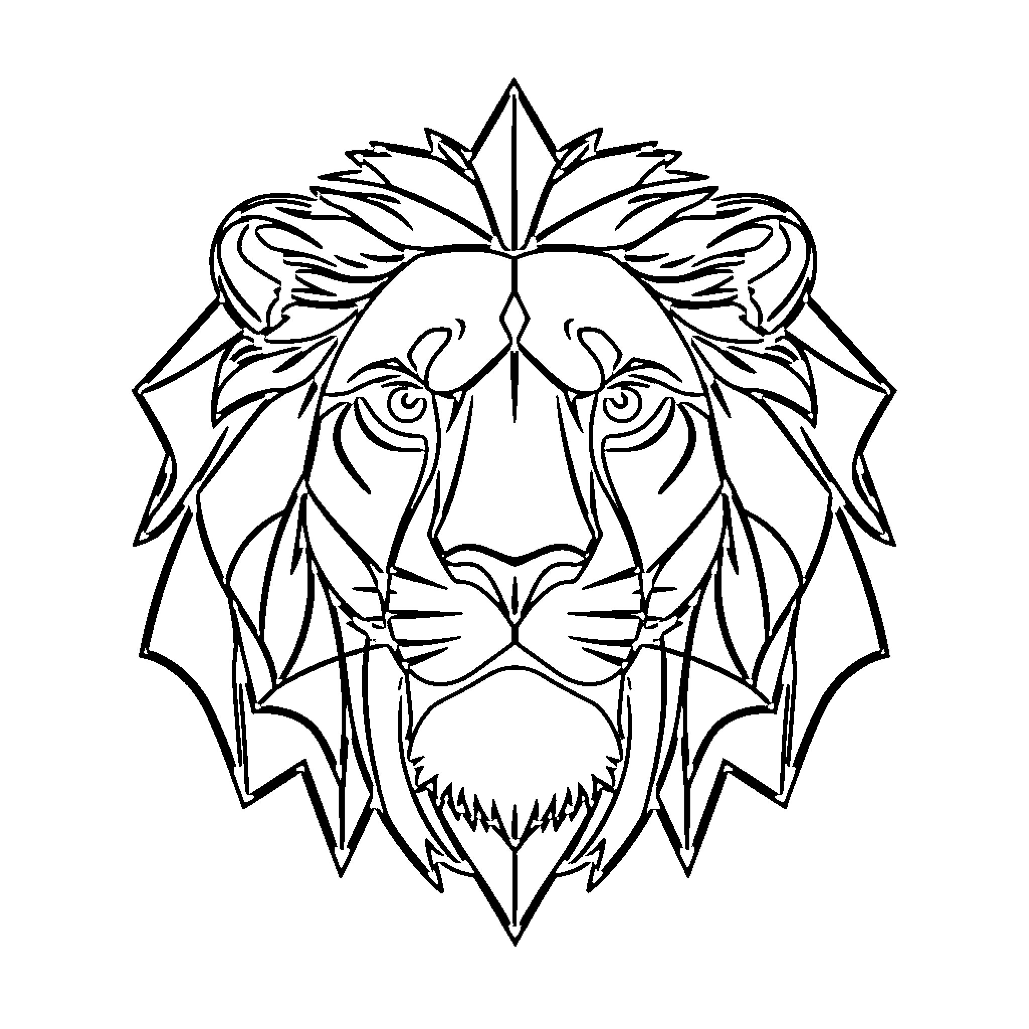 Lion's Fierce Geometric Portrait Coloring Page (free black-and-white line drawing printable PDF for all, from beginners to advanced learners, including children, teens, adults, and seniors)