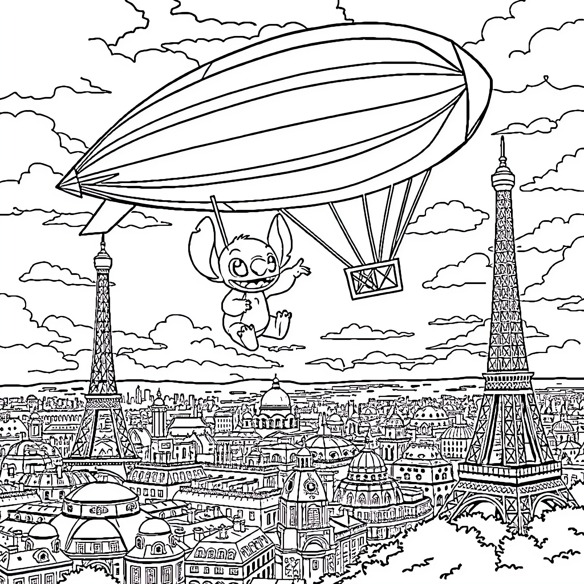 Stitch's Aerial Voyage over the Cityscape Coloring Page (free black-and-white line drawing printable PDF for all, from beginners to advanced learners, including children, teens, adults, and seniors)