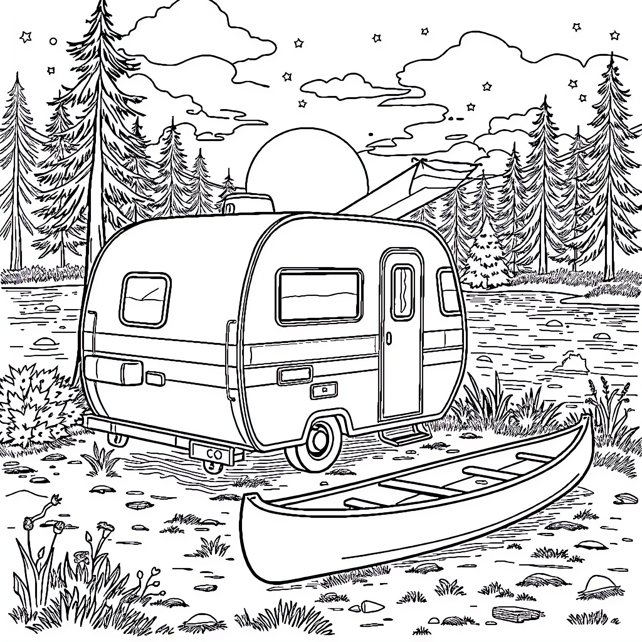 Camper exploring nature's scenic outdoors Coloring Page (free black-and-white line drawing printable PDF for all, from beginners to advanced learners, including children, teens, adults, and seniors)