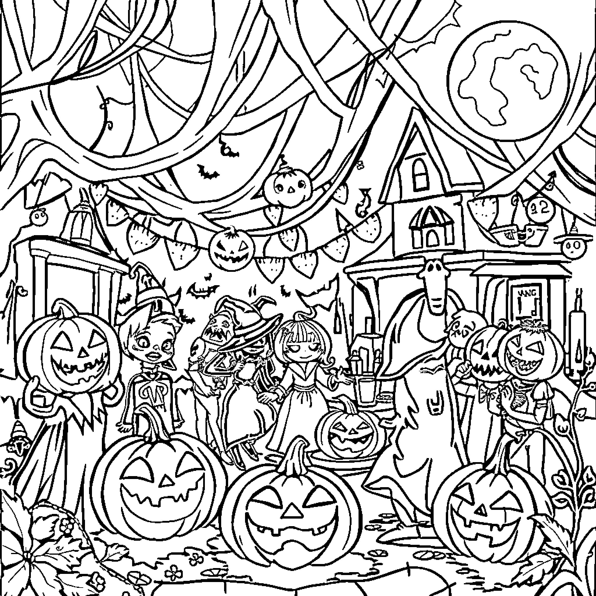 Halloween Celebration with Spooky Characters and Jack-O'-Lanterns Coloring Page (free black-and-white line drawing printable PDF for all, from beginners to advanced learners, including children, teens, adults, and seniors)