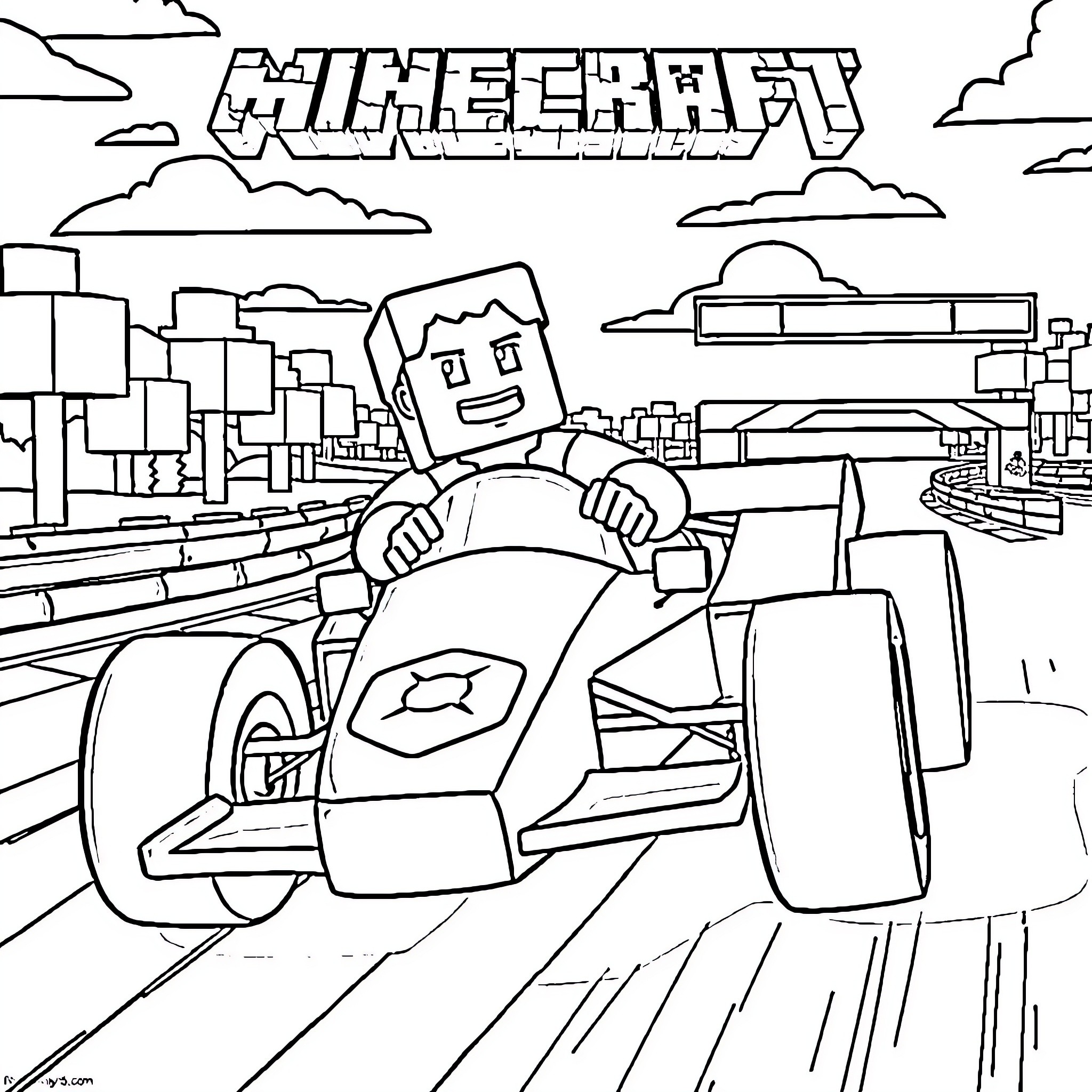 Steve racing fast through the Minecraft world Coloring Page (free black-and-white line drawing printable PDF for all, from beginners to advanced learners, including children, teens, adults, and seniors)