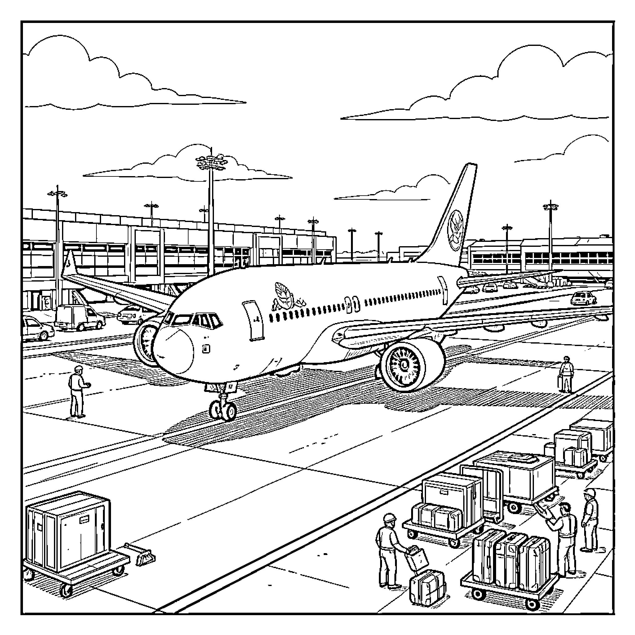 Aircraft preparing for takeoff at a busy airport Coloring Page (free black-and-white line drawing printable PDF for all, from beginners to advanced learners, including children, teens, adults, and seniors)