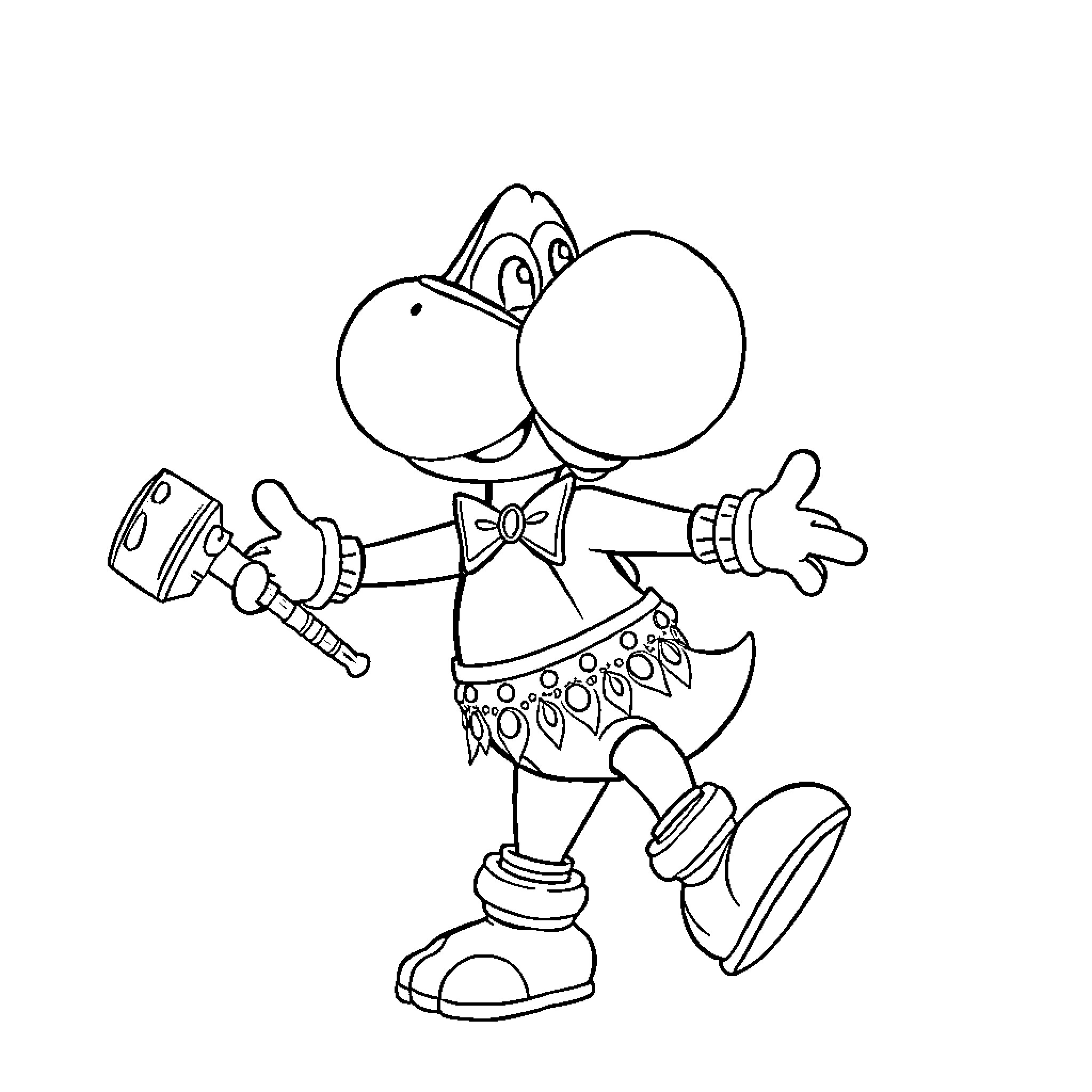 Yoshi dancing happily with a microphone Coloring Page (free black-and-white line drawing printable PDF for all, from beginners to advanced learners, including children, teens, adults, and seniors)