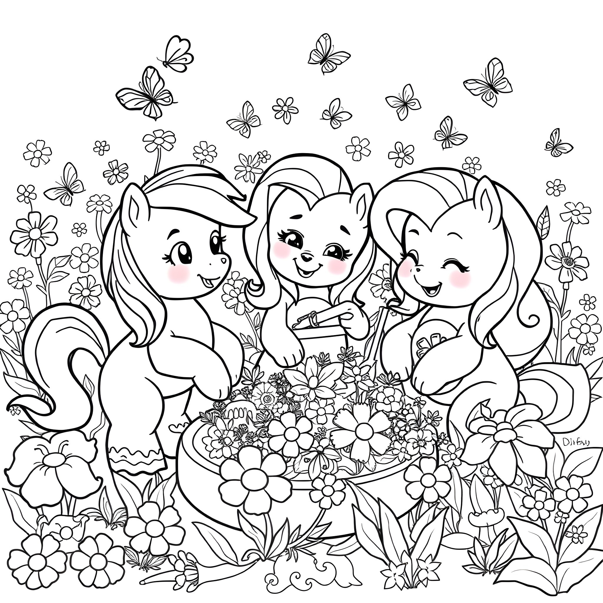 Pony friends enjoying a flower-filled garden Coloring Page (free black-and-white line drawing printable PDF for all, from beginners to advanced learners, including children, teens, adults, and seniors)