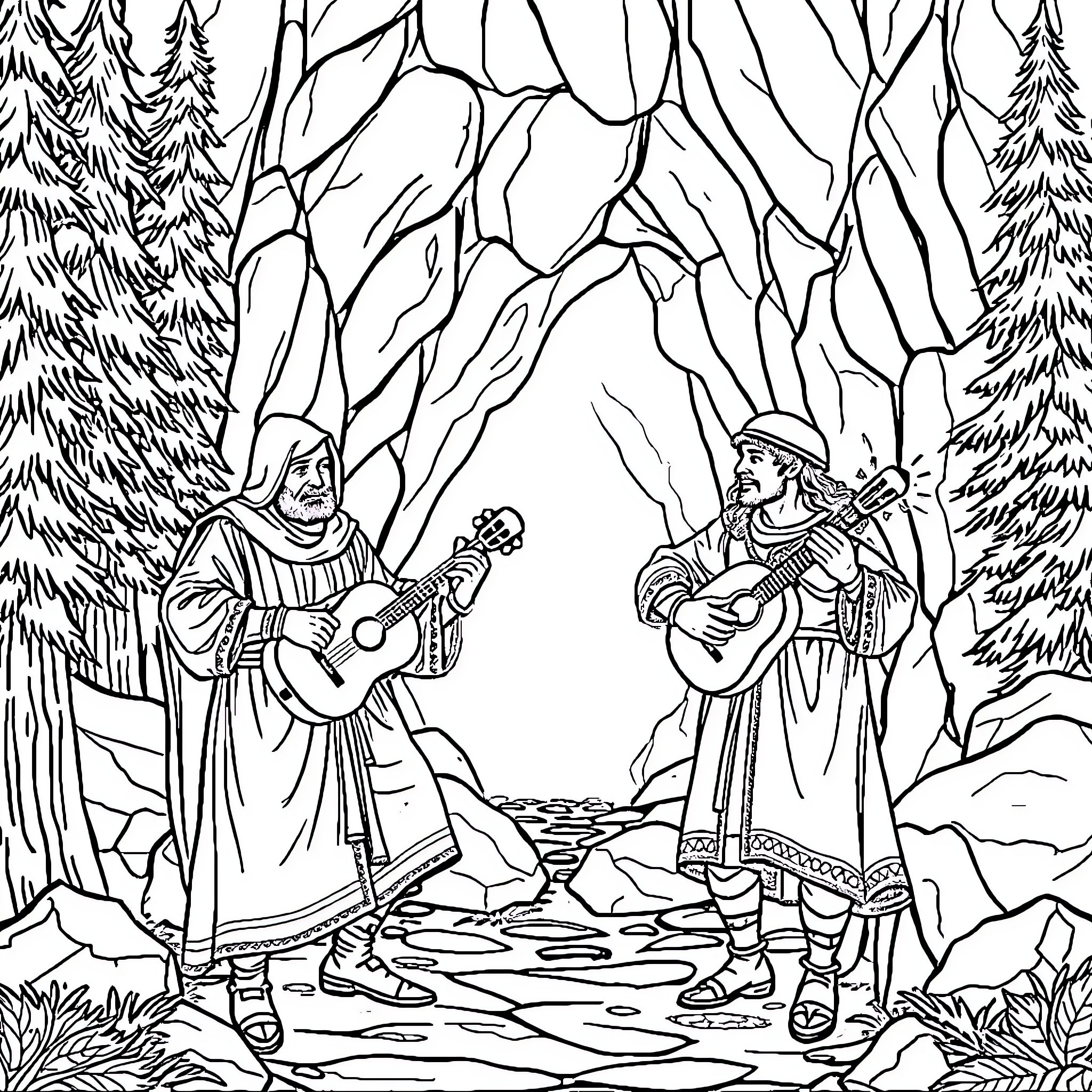 Band of musicians performing in snowy mountain scene Coloring Page (free black-and-white line drawing printable PDF for all, from beginners to advanced learners, including children, teens, adults, and seniors)