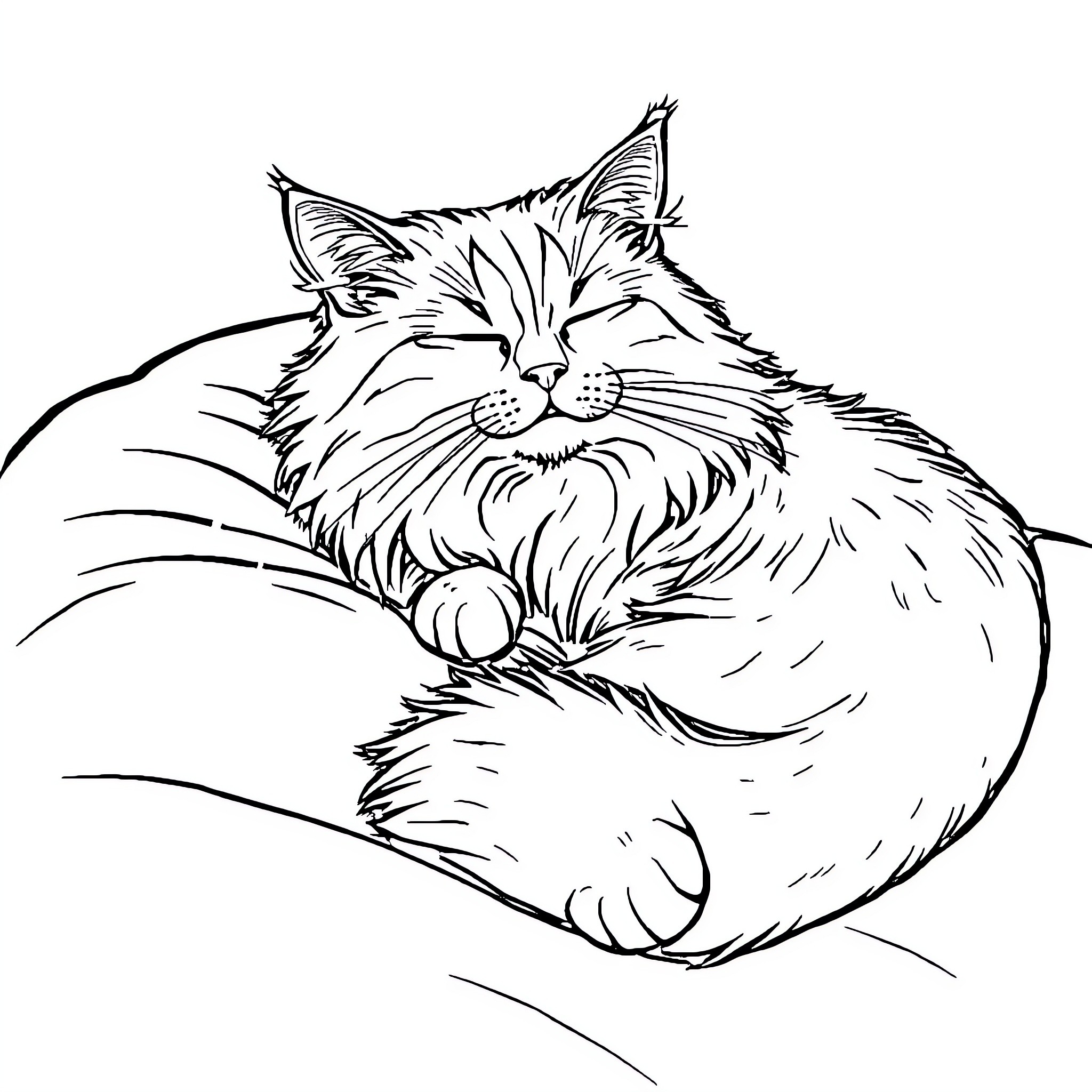 Cat resting peacefully on a surface Coloring Page (free black-and-white line drawing printable PDF for all, from beginners to advanced learners, including children, teens, adults, and seniors)