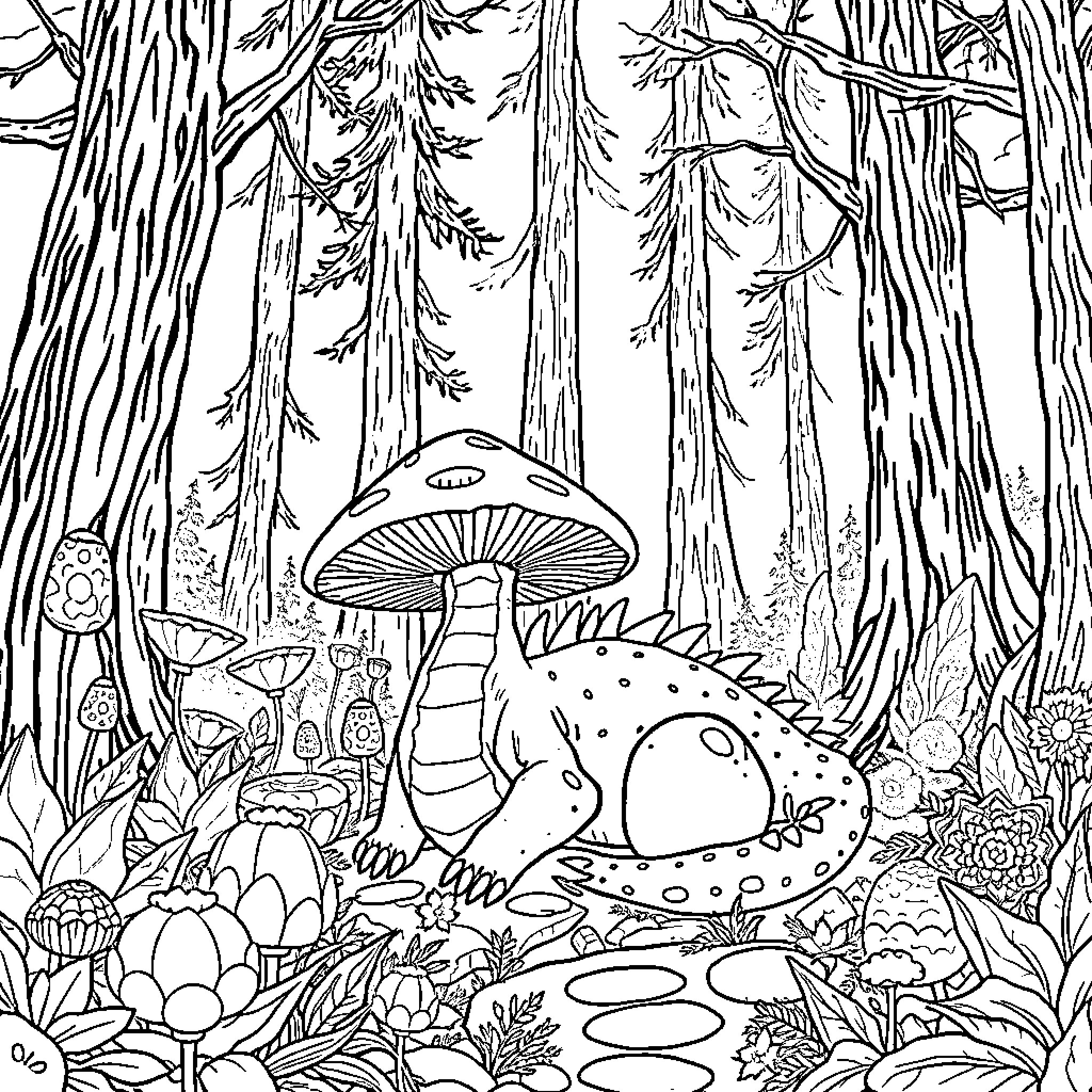 Mushroom Dragon exploring the enchanted forest Coloring Page (free black-and-white line drawing printable PDF for all, from beginners to advanced learners, including children, teens, adults, and seniors)