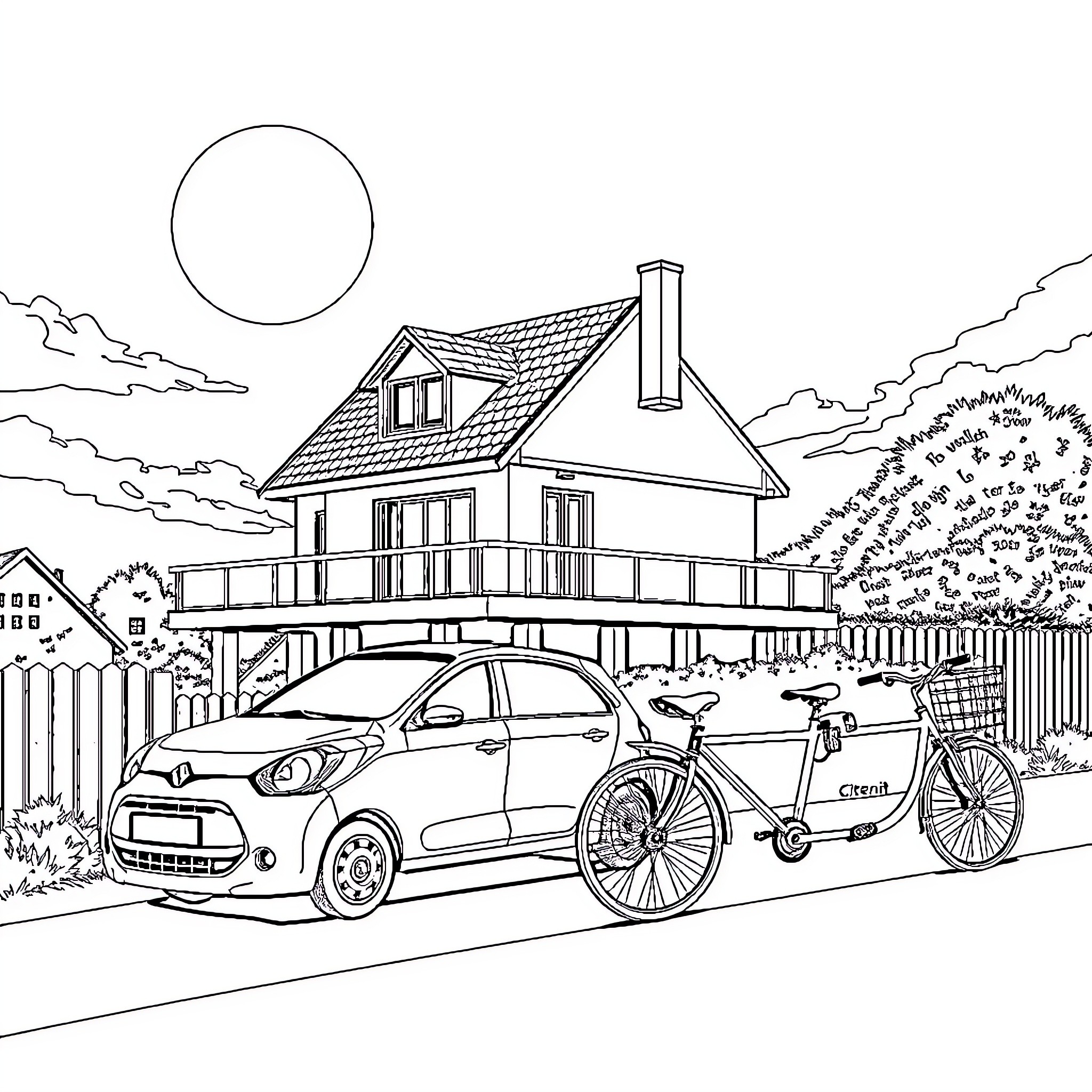 House with Car and Bicycle in the Yard Coloring Page (free black-and-white line drawing printable PDF for all, from beginners to advanced learners, including children, teens, adults, and seniors)