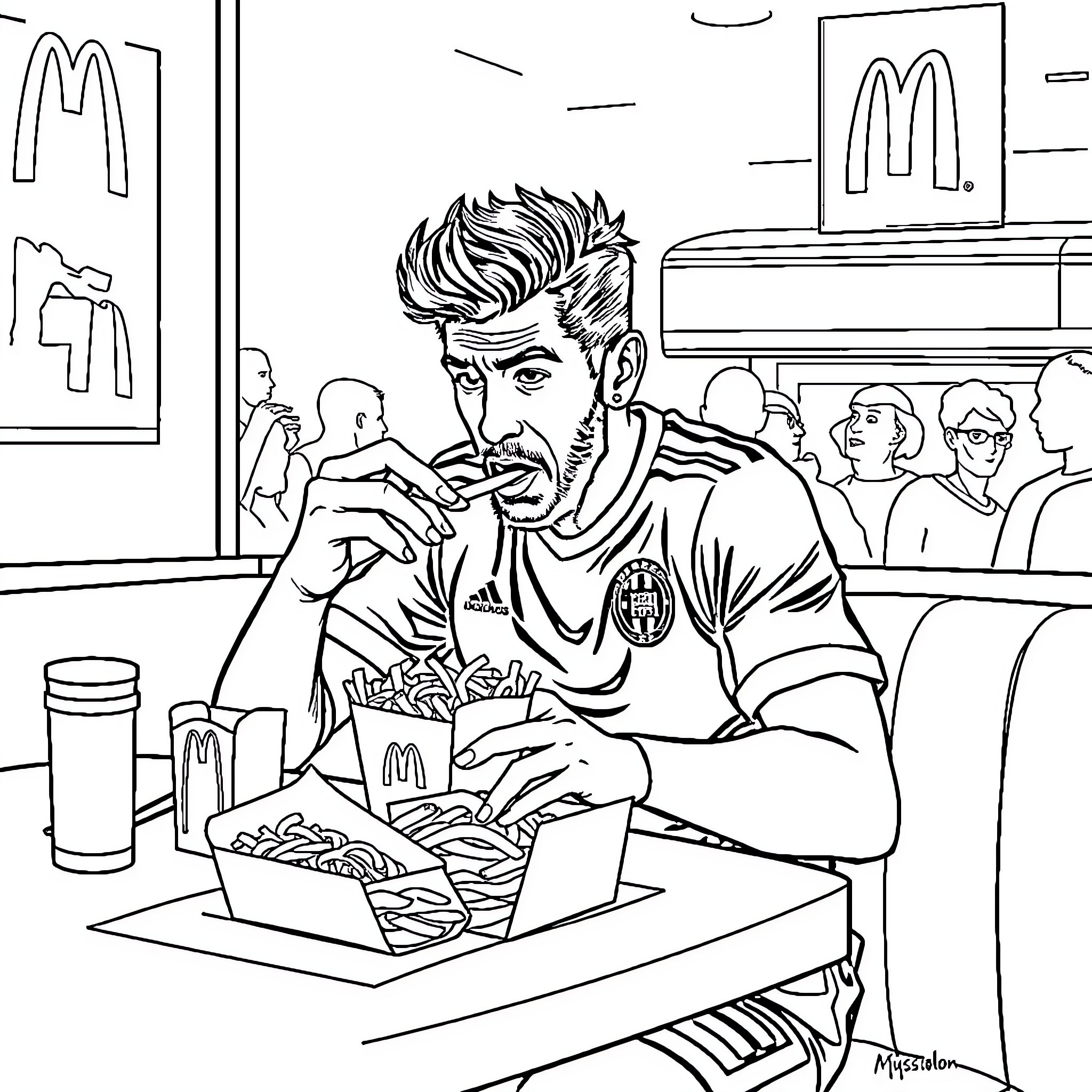 Griezmann Enjoying a Meal at the McDonald's Restaurant Coloring Page (free black-and-white line drawing printable PDF for all, from beginners to advanced learners, including children, teens, adults, and seniors)
