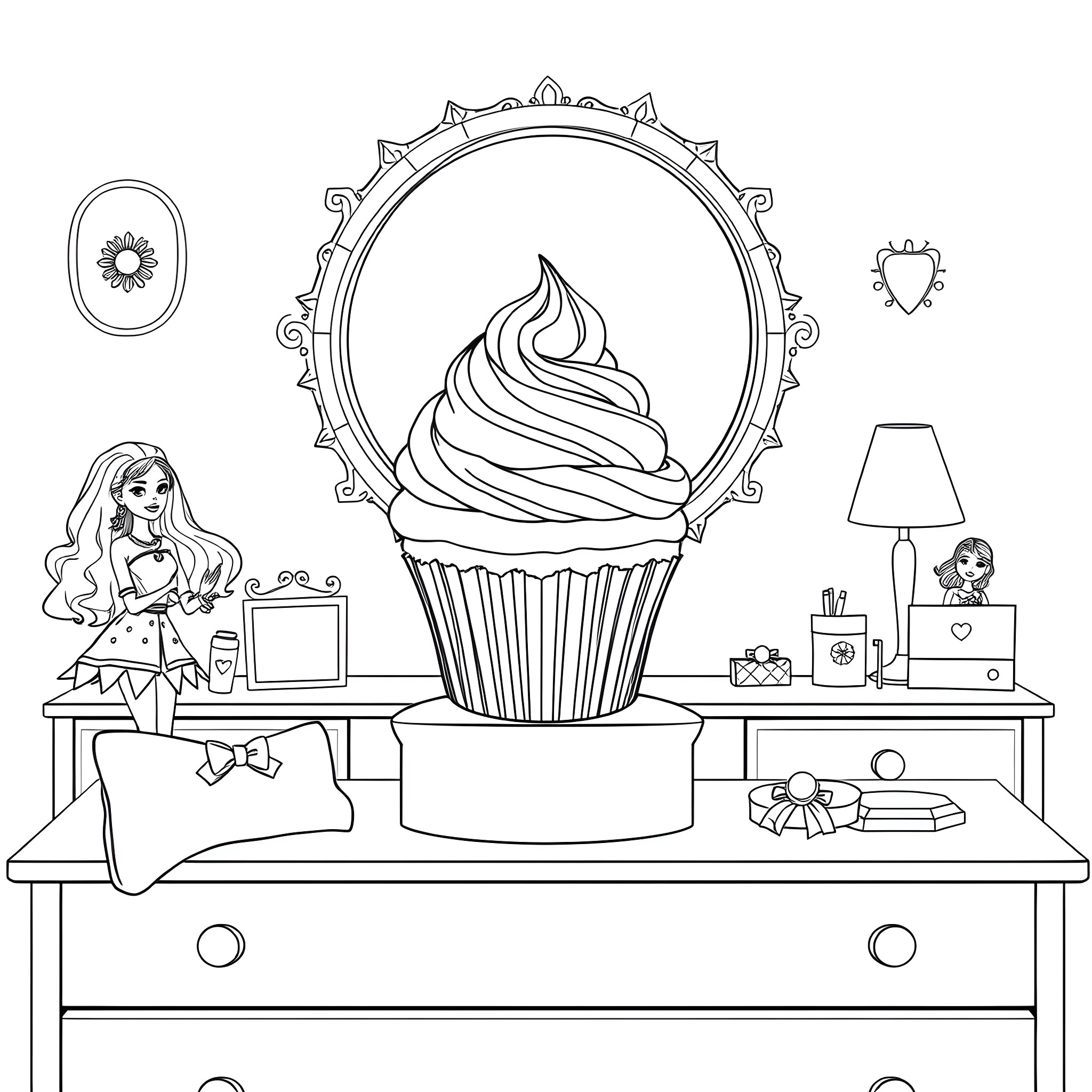 Cupcake Decorating Playroom with Doll Coloring Page (free black-and-white line drawing printable PDF for all, from beginners to advanced learners, including children, teens, adults, and seniors)