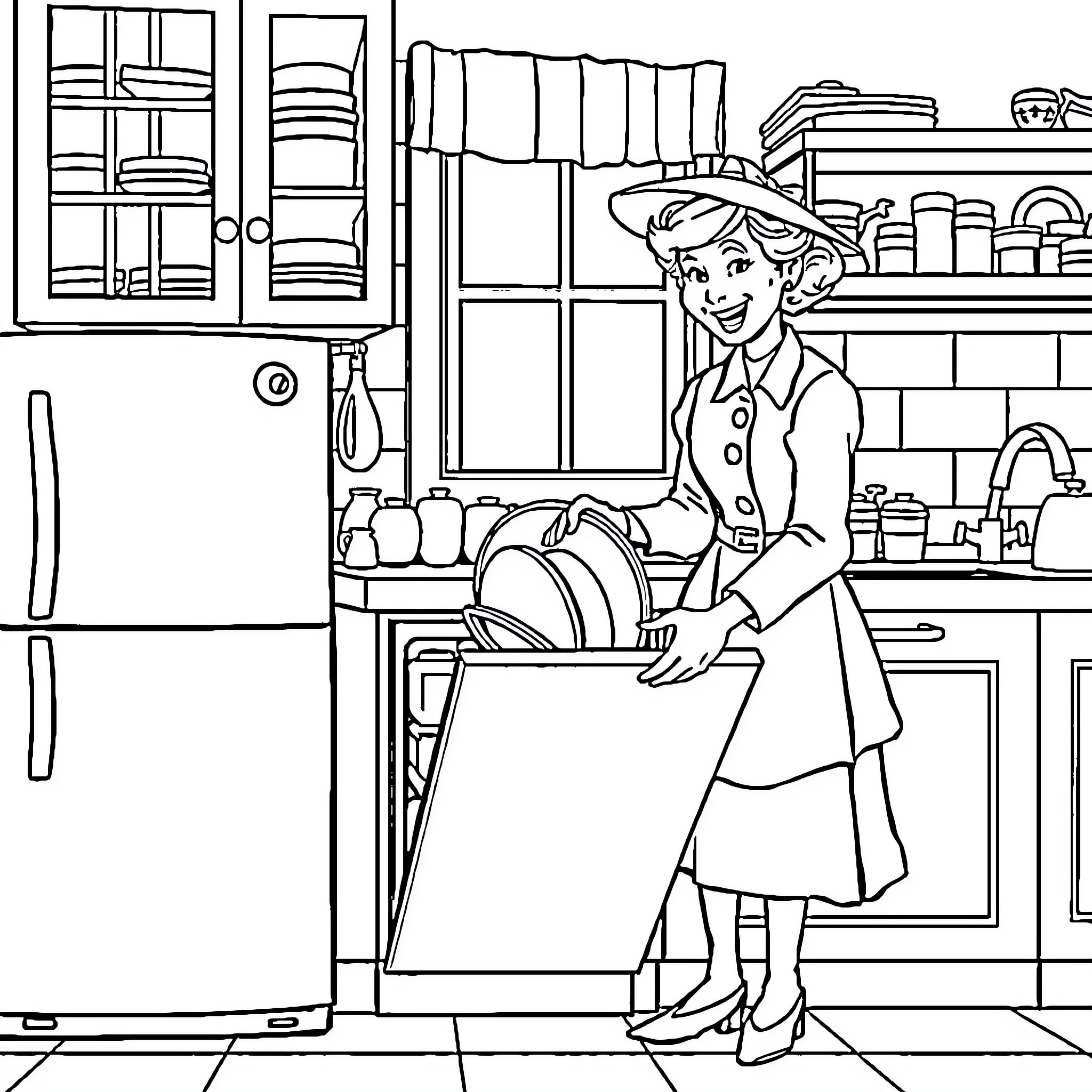 Mary Poppins cleaning the kitchen with a smile Coloring Page (free black-and-white line drawing printable PDF for all, from beginners to advanced learners, including children, teens, adults, and seniors)