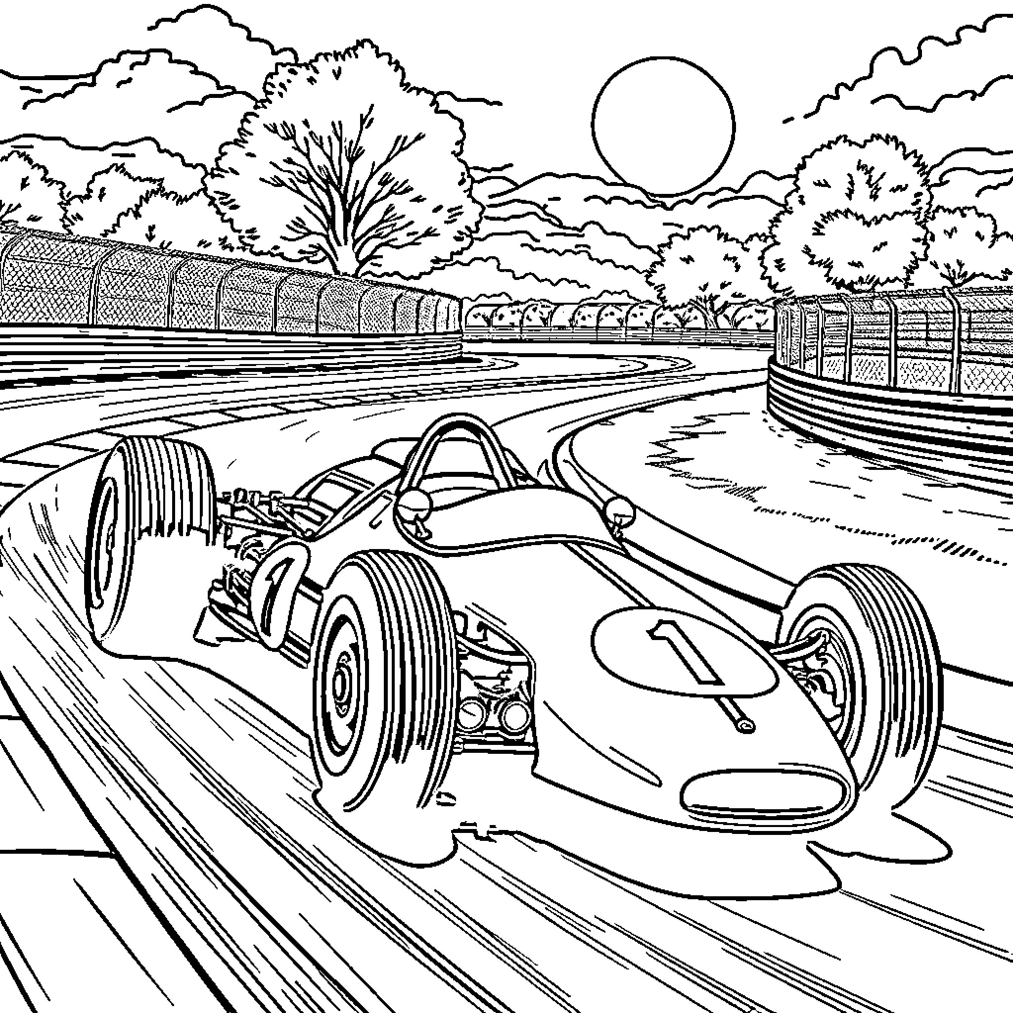 Formula 1 Race on Winding Track Through Scenic Landscape Coloring Page (free black-and-white line drawing printable PDF for all, from beginners to advanced learners, including children, teens, adults, and seniors)