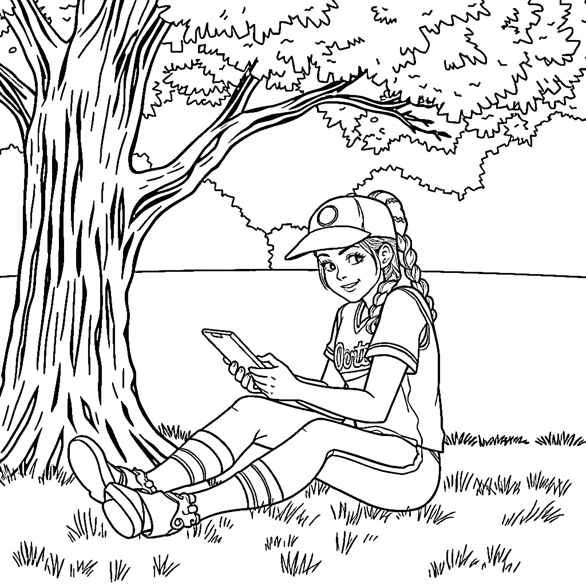 Softball Player Relaxing Under a Tree with a Phone Coloring Page (free black-and-white line drawing printable PDF for all, from beginners to advanced learners, including children, teens, adults, and seniors)