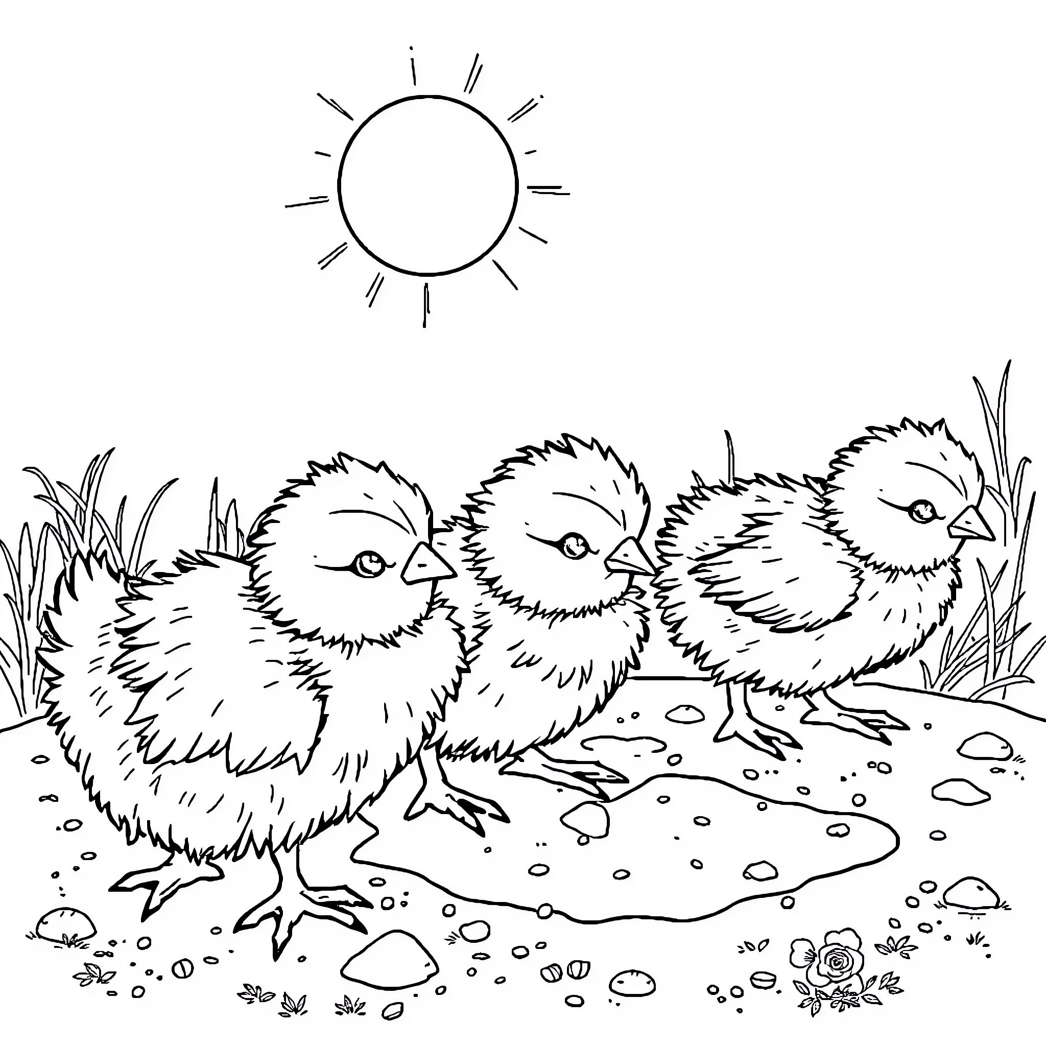 Chicks exploring the sunny outdoors Coloring Page (free black-and-white line drawing printable PDF for all, from beginners to advanced learners, including children, teens, adults, and seniors)