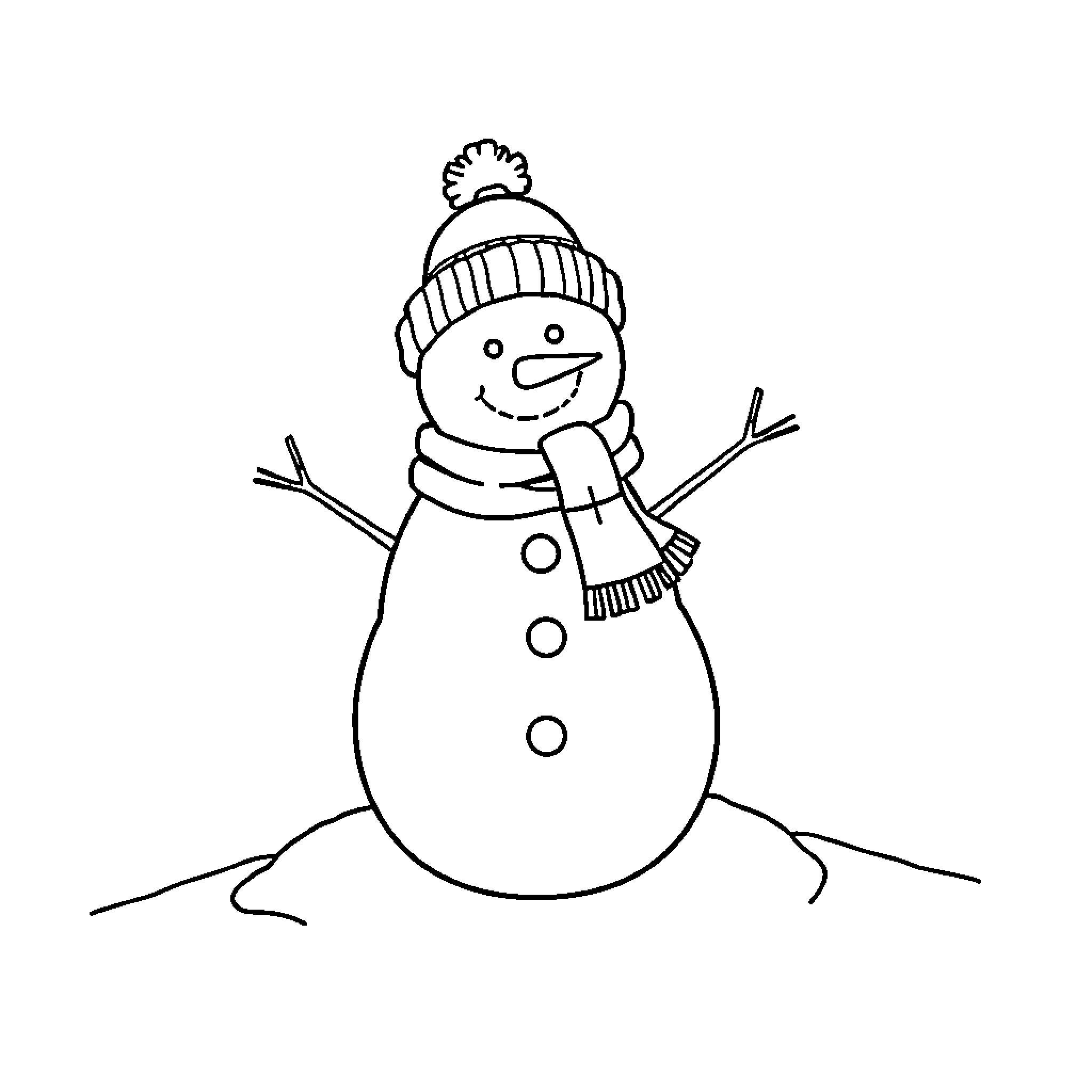 Snowman standing in winter landscape Coloring Page (free black-and-white line drawing printable PDF for all, from beginners to advanced learners, including children, teens, adults, and seniors)