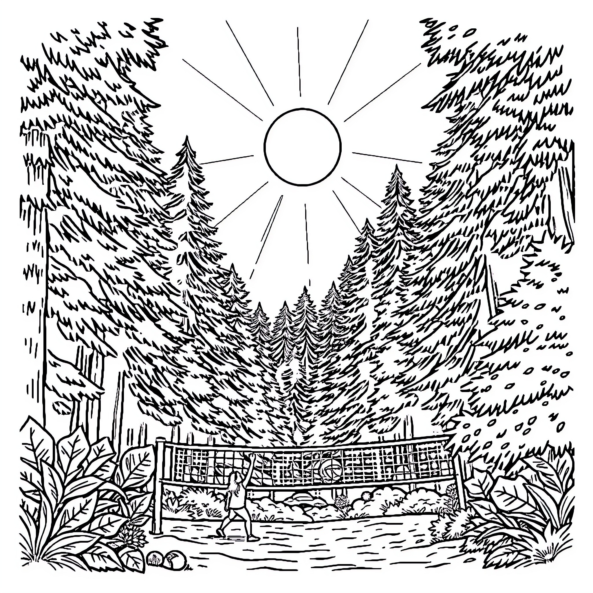 Sun shining over a scenic forest landscape Coloring Page (free black-and-white line drawing printable PDF for all, from beginners to advanced learners, including children, teens, adults, and seniors)