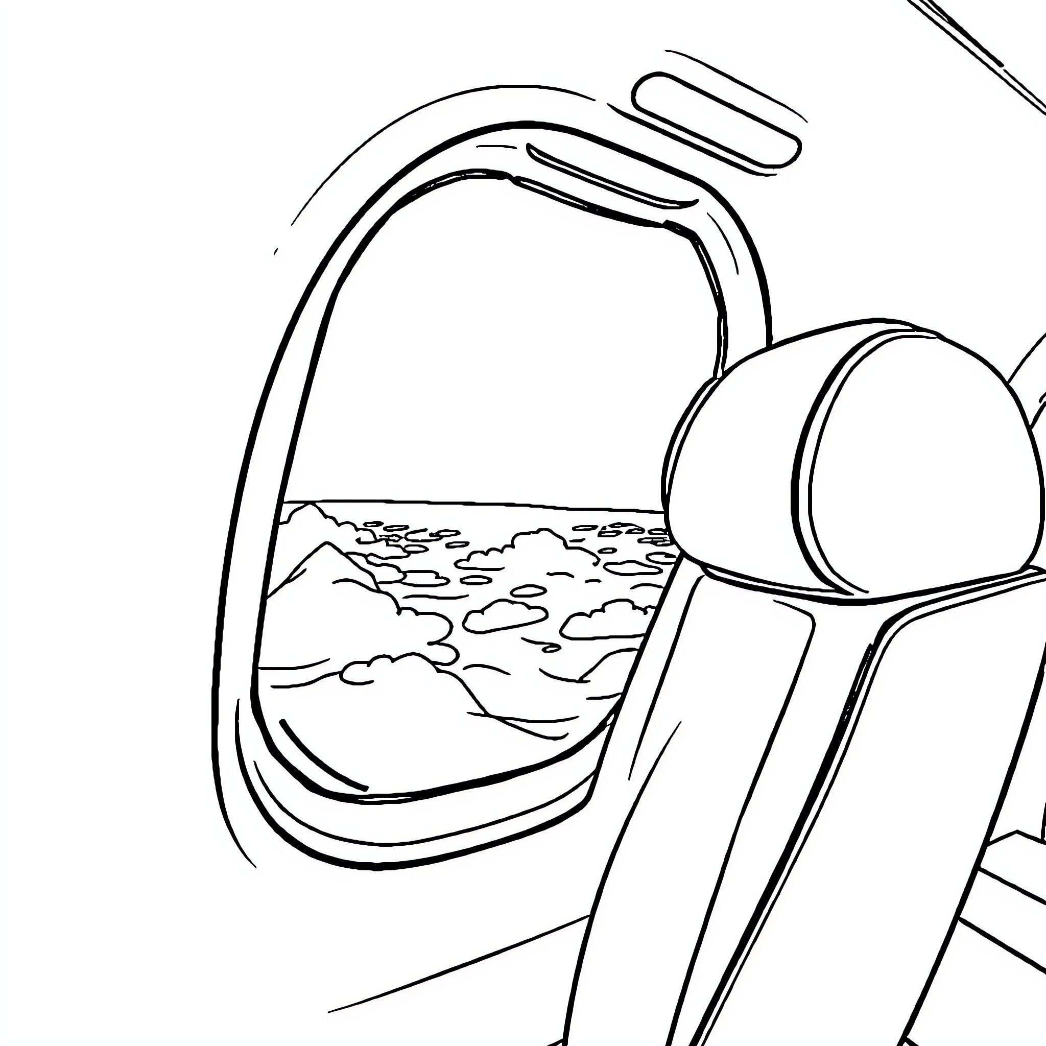 Airplane window view of cloudy sky Coloring Page (free black-and-white line drawing printable PDF for all, from beginners to advanced learners, including children, teens, adults, and seniors)