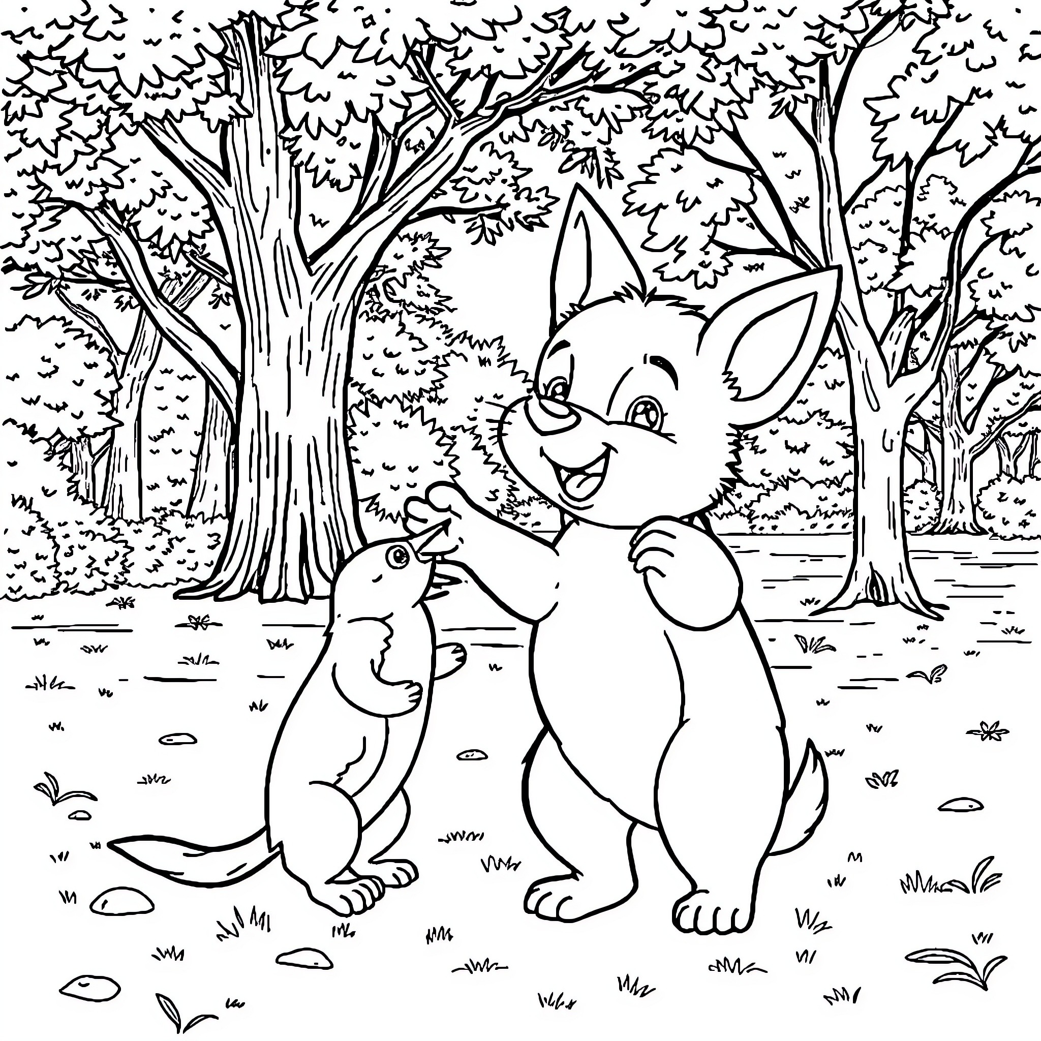 Pinocho's Playful Adventure in the Forest Coloring Page (free black-and-white line drawing printable PDF for all, from beginners to advanced learners, including children, teens, adults, and seniors)