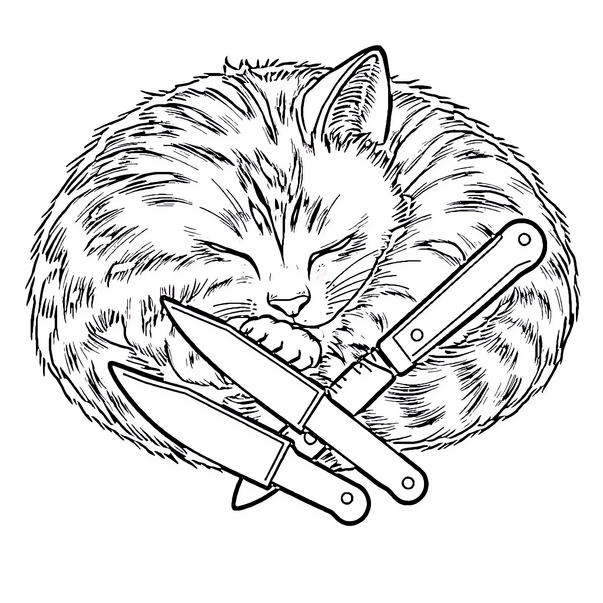 Cat with sharp tools Coloring Page (free black-and-white line drawing printable PDF for all, from beginners to advanced learners, including children, teens, adults, and seniors)