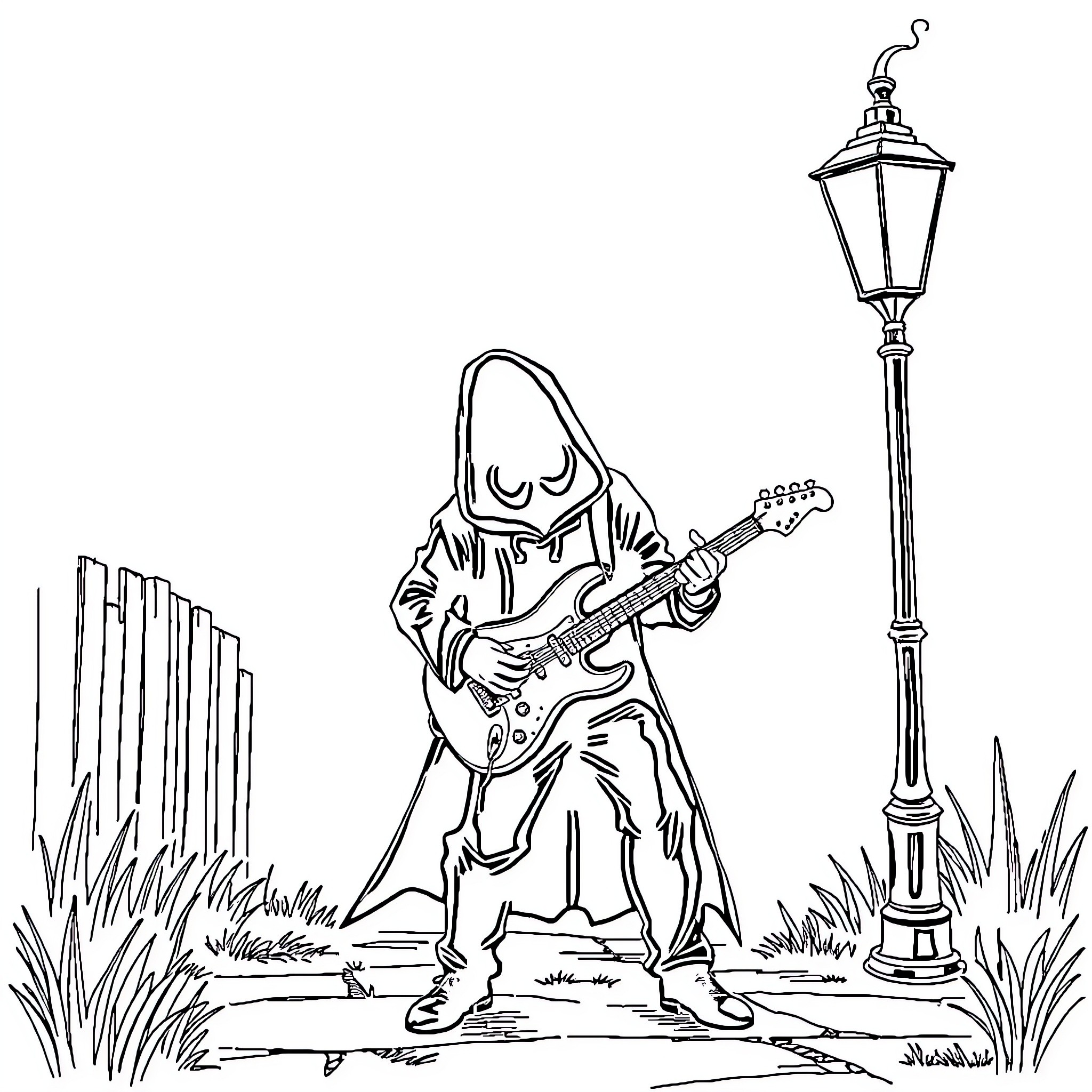 Guitar player performing on street Coloring Page (free black-and-white line drawing printable PDF for all, from beginners to advanced learners, including children, teens, adults, and seniors)