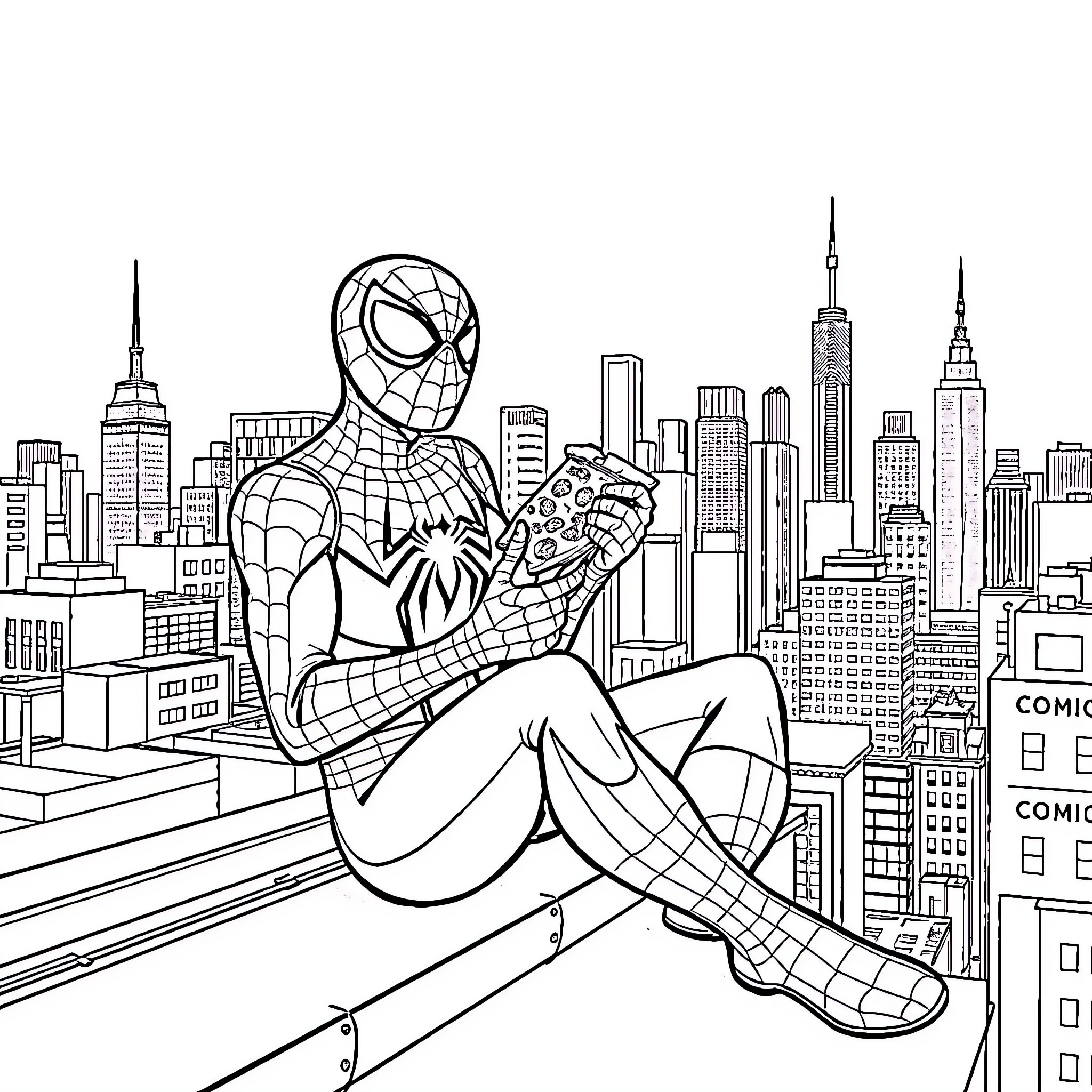 Spiderman perched on rooftop overlooking cityscape Coloring Page (free black-and-white line drawing printable PDF for all, from beginners to advanced learners, including children, teens, adults, and seniors)