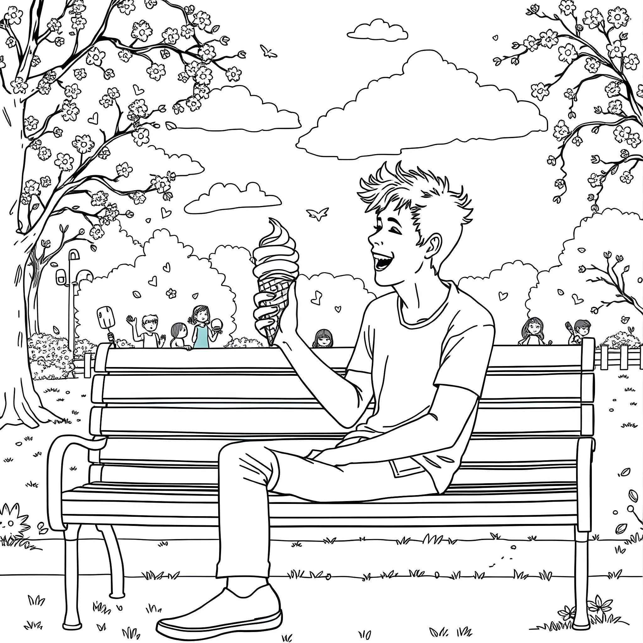 Matty Healy enjoying the spring scenery Coloring Page (free black-and-white line drawing printable PDF for all, from beginners to advanced learners, including children, teens, adults, and seniors)