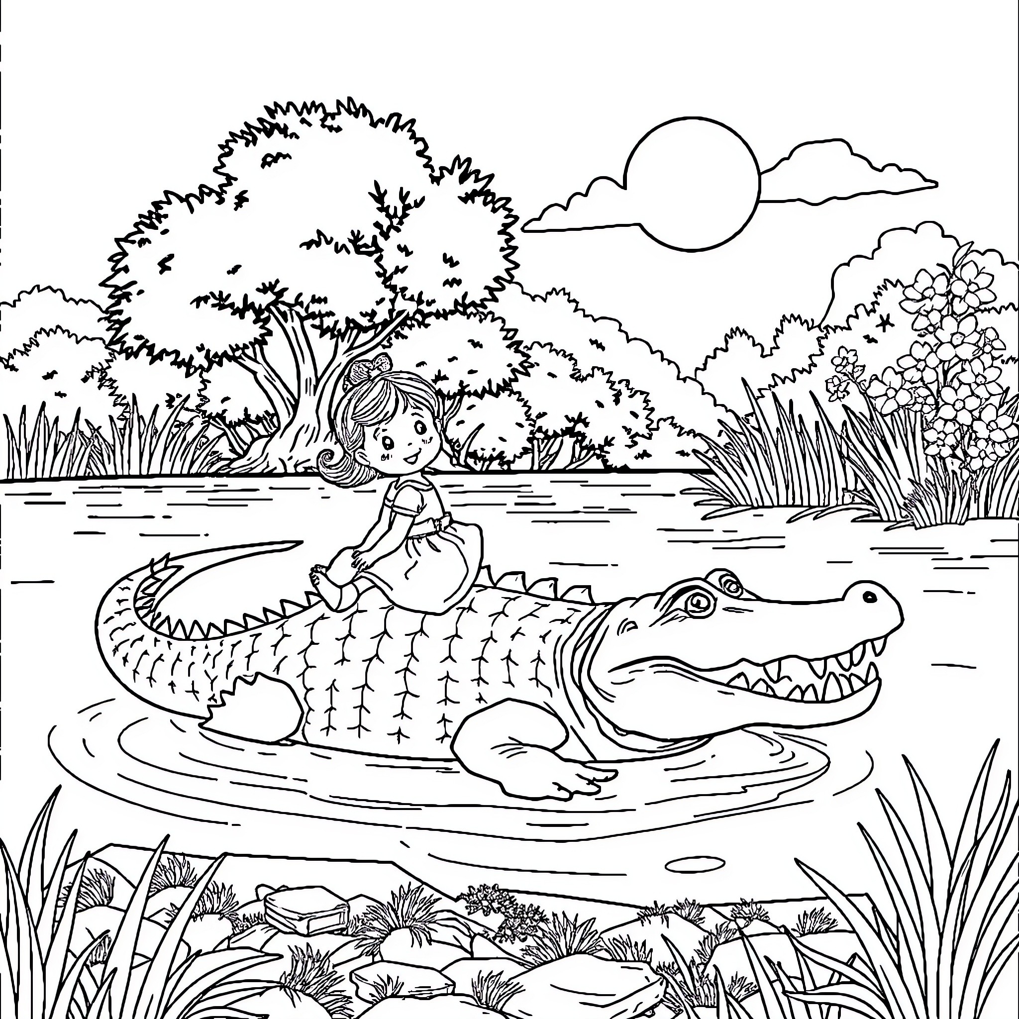 Alligator and child sharing a peaceful moment in nature Coloring Page (free black-and-white line drawing printable PDF for all, from beginners to advanced learners, including children, teens, adults, and seniors)