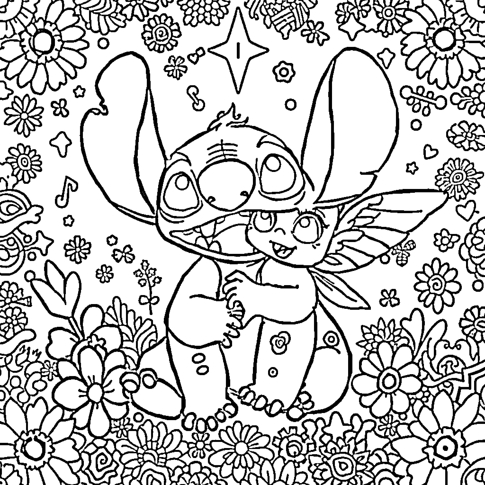 Stitch surrounded by whimsical floral patterns Coloring Page (free black-and-white line drawing printable PDF for all, from beginners to advanced learners, including children, teens, adults, and seniors)