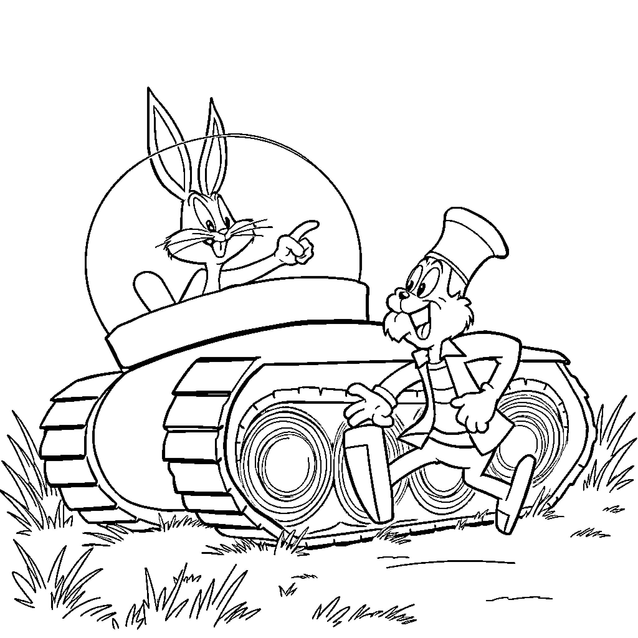 Bugs Bunny riding a military tank with a chef Coloring Page (free black-and-white line drawing printable PDF for all, from beginners to advanced learners, including children, teens, adults, and seniors)