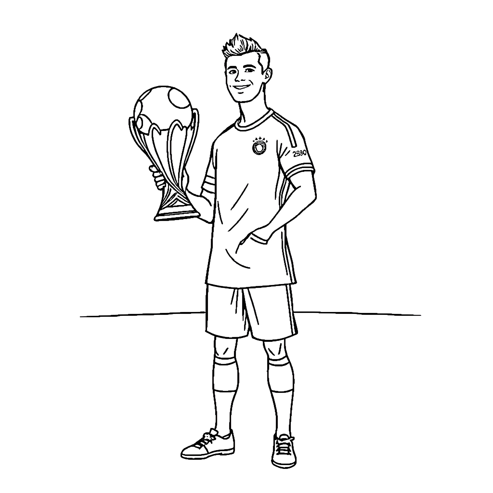 Ronaldo Holding Soccer Trophy in Uniform Coloring Page (free black-and-white line drawing printable PDF for all, from beginners to advanced learners, including children, teens, adults, and seniors)