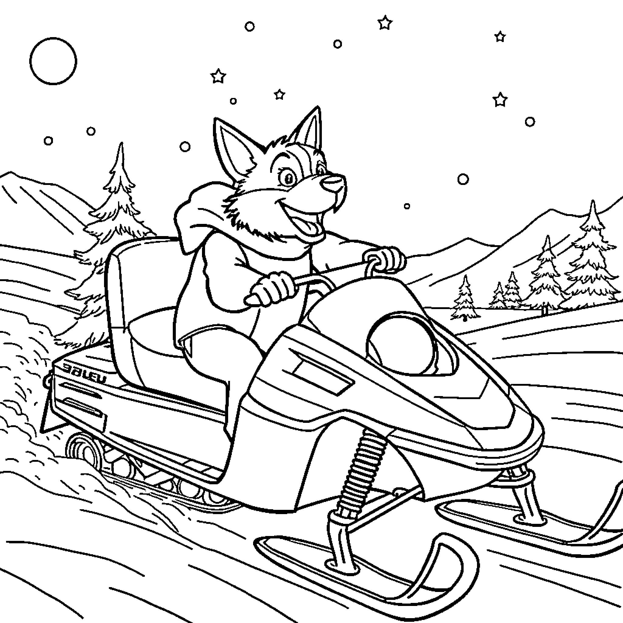 Bluey riding a snowmobile on a snowy night Coloring Page (free black-and-white line drawing printable PDF for all, from beginners to advanced learners, including children, teens, adults, and seniors)