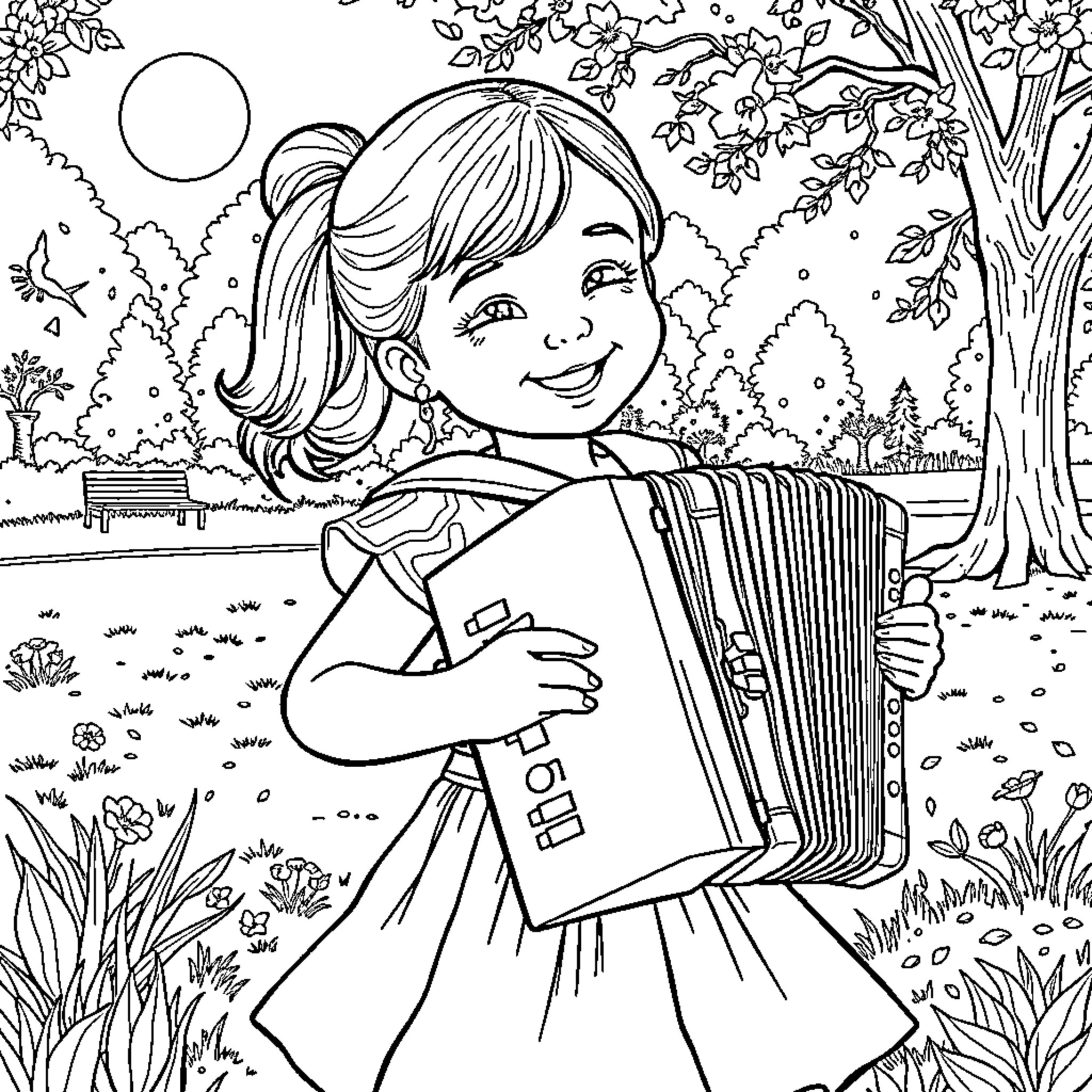 Girl playing accordion in peaceful park Coloring Page (free black-and-white line drawing printable PDF for all, from beginners to advanced learners, including children, teens, adults, and seniors)