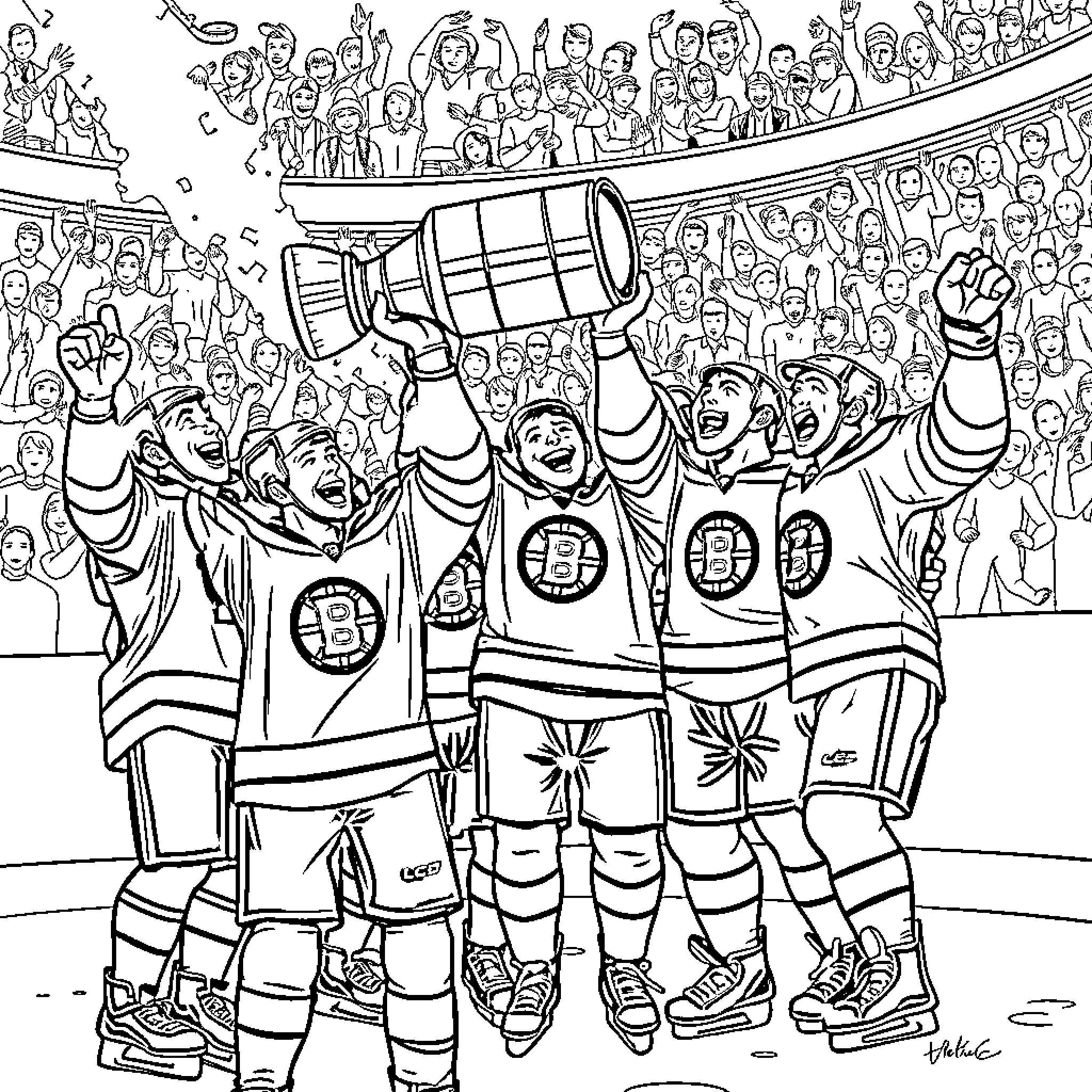 Boston Bruins Celebrating Championship Victory in Arena Coloring Page (free black-and-white line drawing printable PDF for all, from beginners to advanced learners, including children, teens, adults, and seniors)