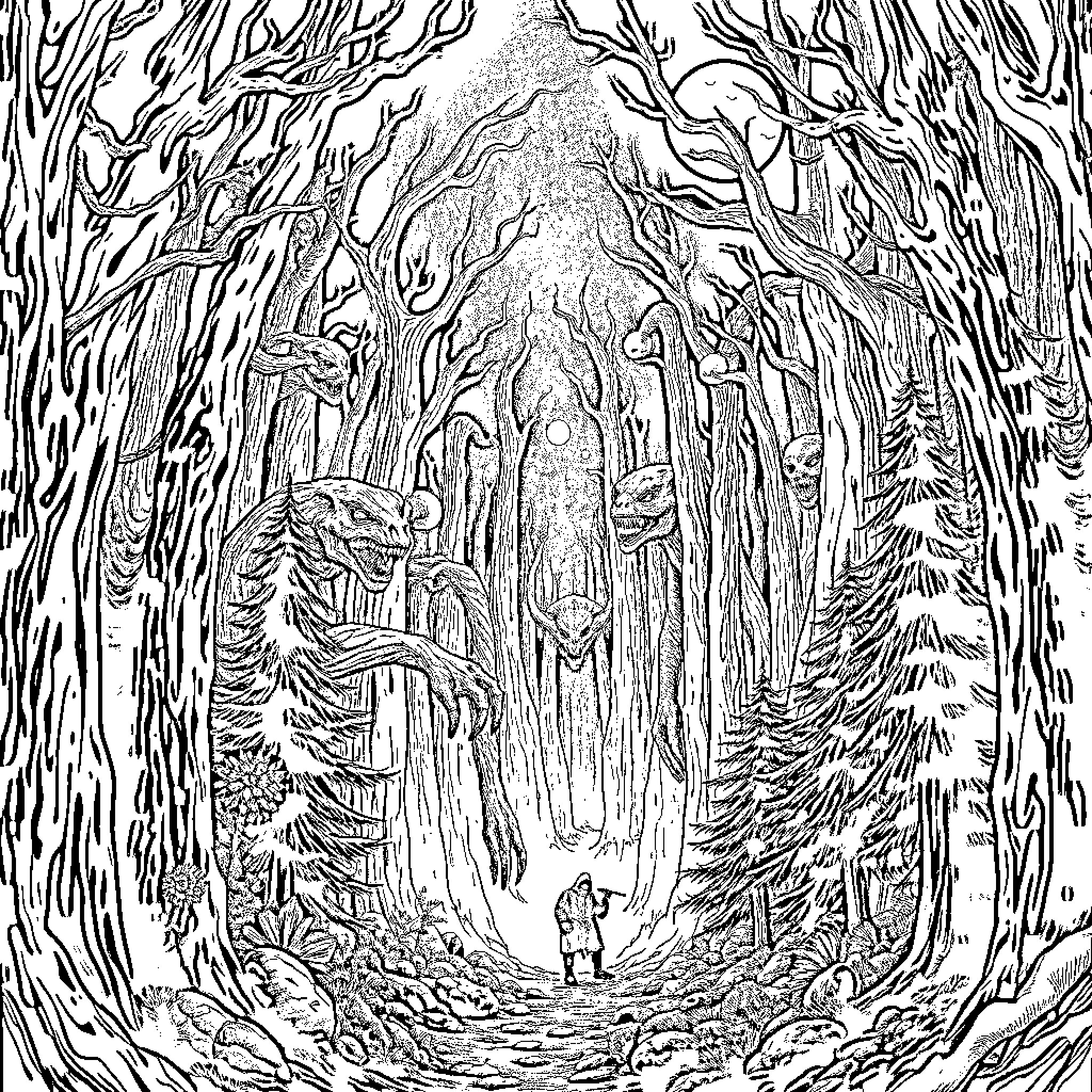 Cryptid forest journey of discovery Coloring Page (free black-and-white line drawing printable PDF for all, from beginners to advanced learners, including children, teens, adults, and seniors)