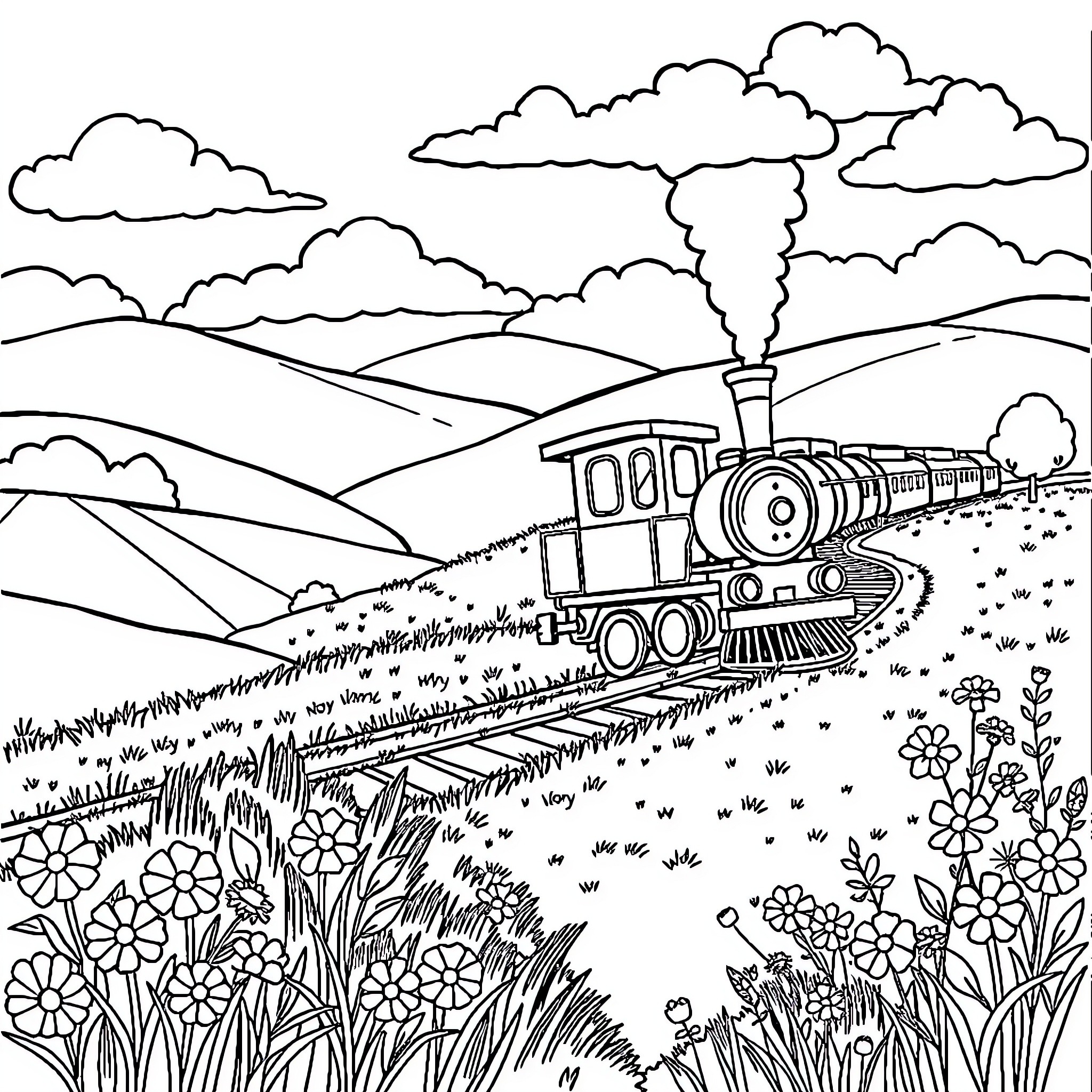 Train traveling through scenic countryside Coloring Page (free black-and-white line drawing printable PDF for all, from beginners to advanced learners, including children, teens, adults, and seniors)