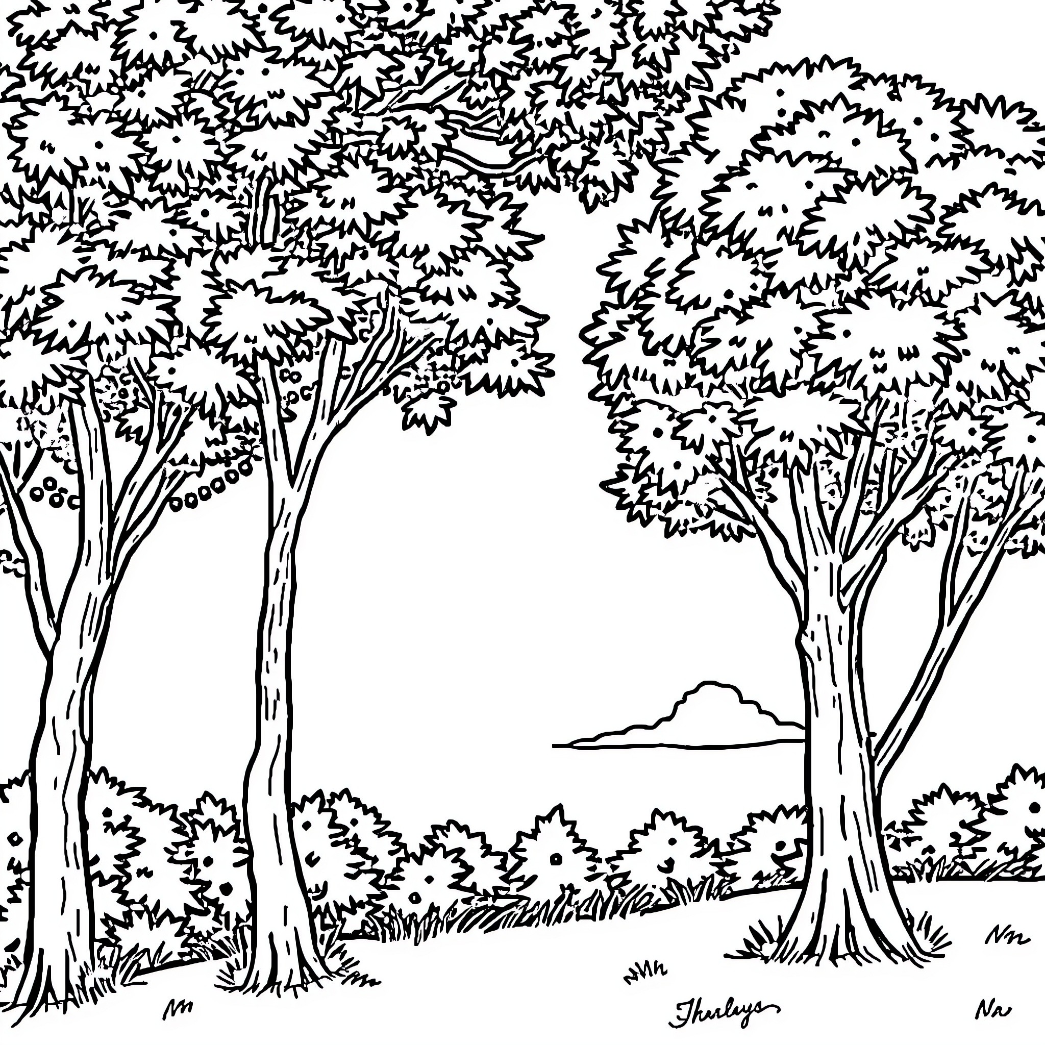 Nature's Tranquil Woodland Landscape Coloring Page (free black-and-white line drawing printable PDF for all, from beginners to advanced learners, including children, teens, adults, and seniors)