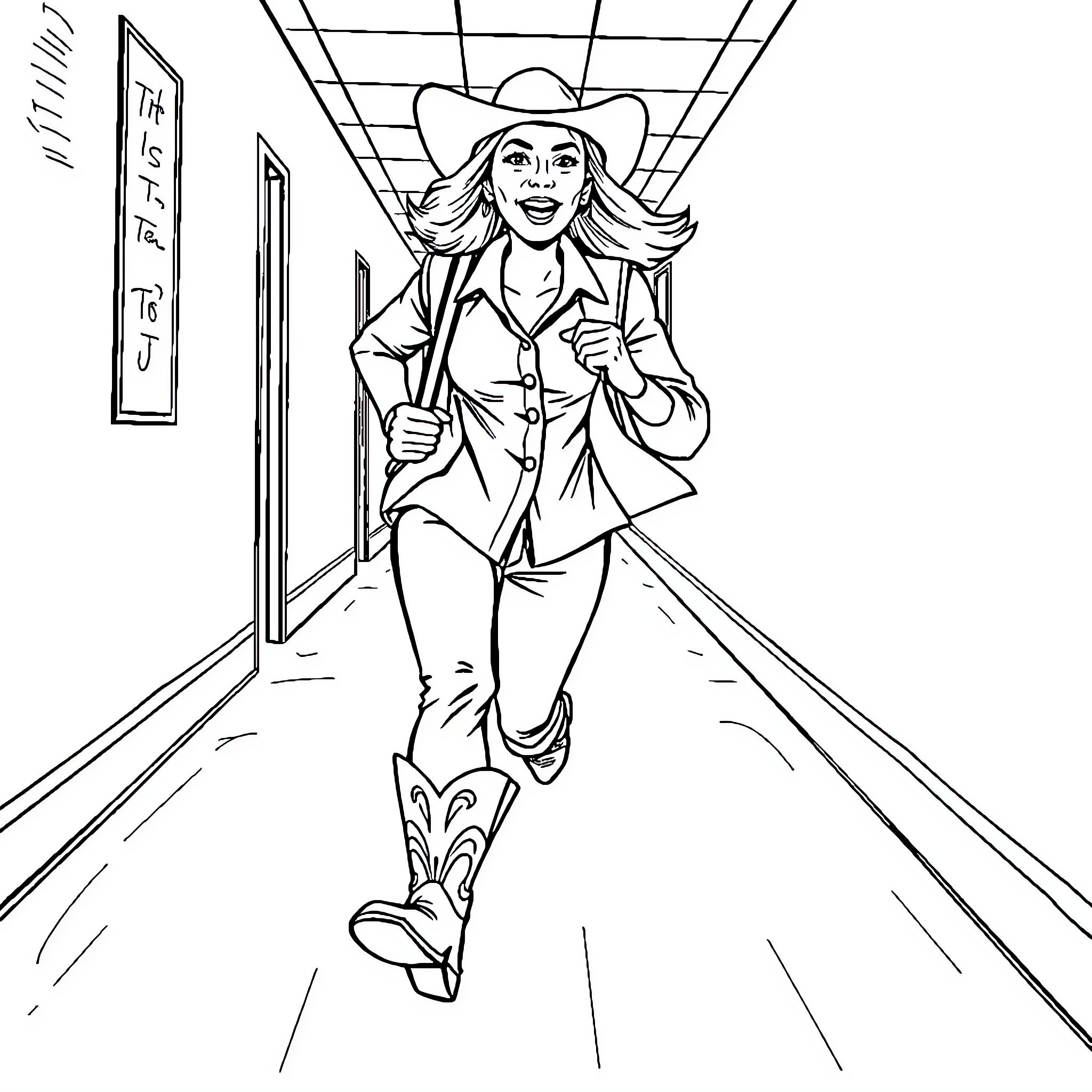 Teacher striding confidently down the hall Coloring Page (free black-and-white line drawing printable PDF for all, from beginners to advanced learners, including children, teens, adults, and seniors)