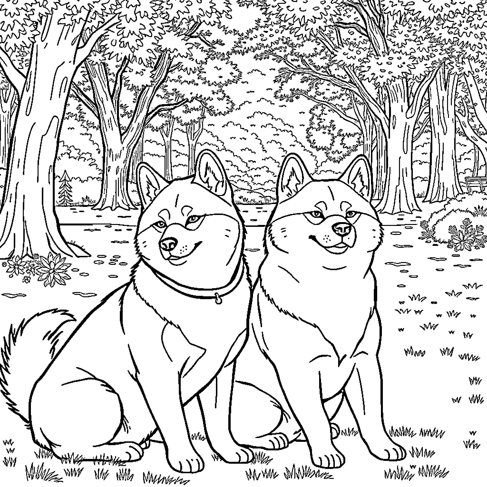 Shiba Duo Exploring the Enchanted Forest Coloring Page (free black-and-white line drawing printable PDF for all, from beginners to advanced learners, including children, teens, adults, and seniors)