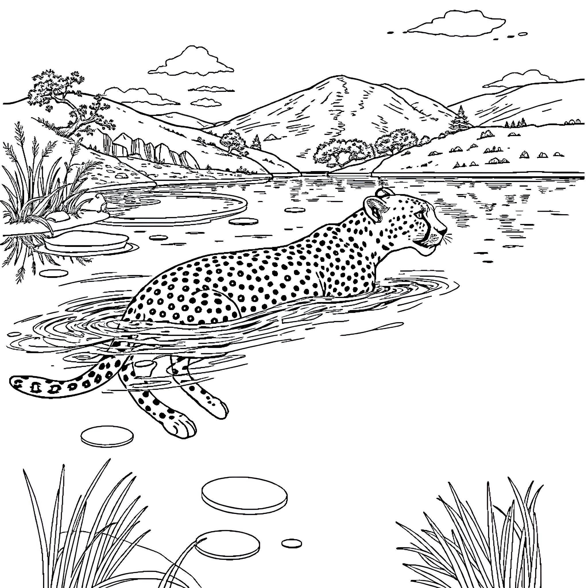 Cheetah lounging by tranquil lakeside landscape Coloring Page (free black-and-white line drawing printable PDF for all, from beginners to advanced learners, including children, teens, adults, and seniors)