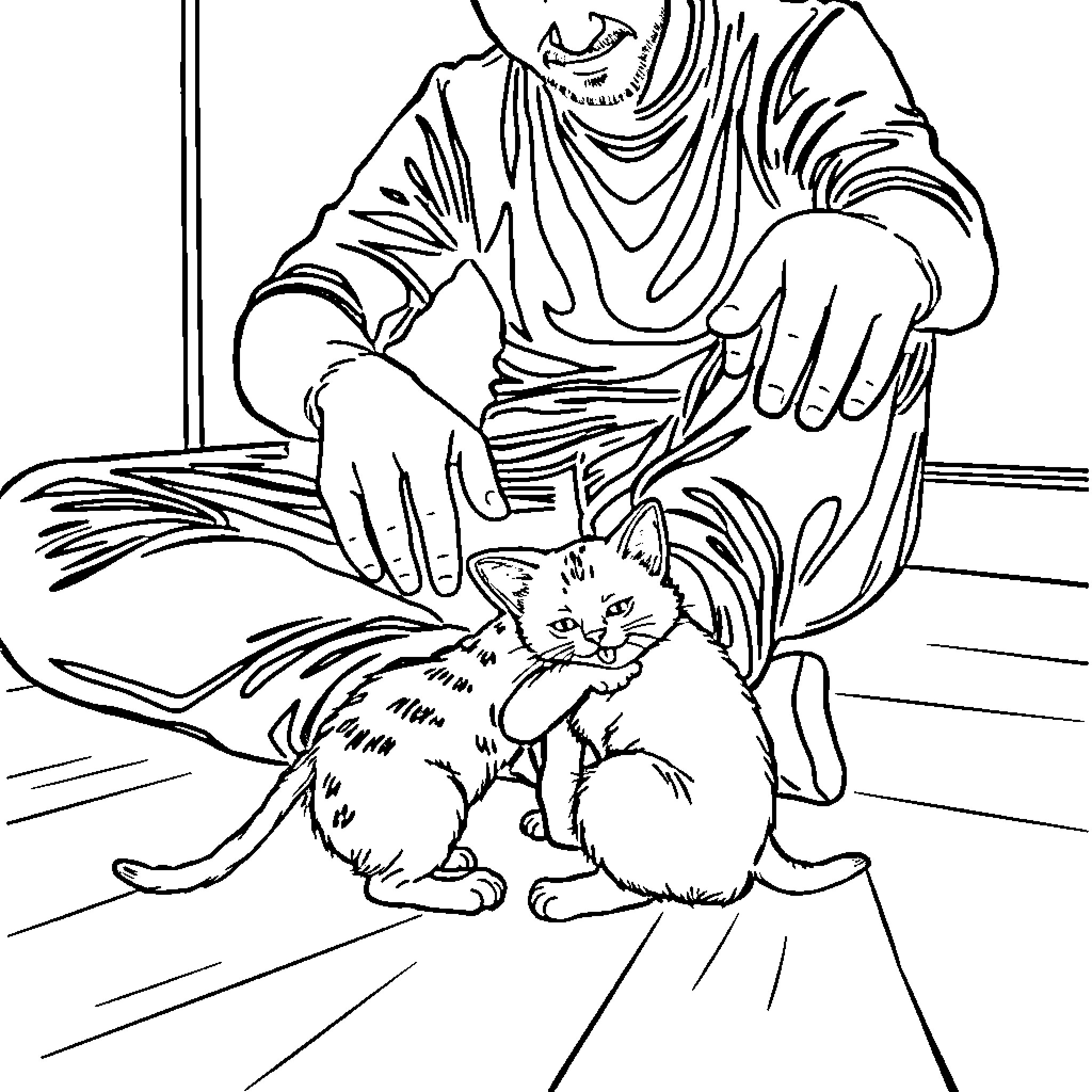 Kitten being petted by a person Coloring Page (free black-and-white line drawing printable PDF for all, from beginners to advanced learners, including children, teens, adults, and seniors)