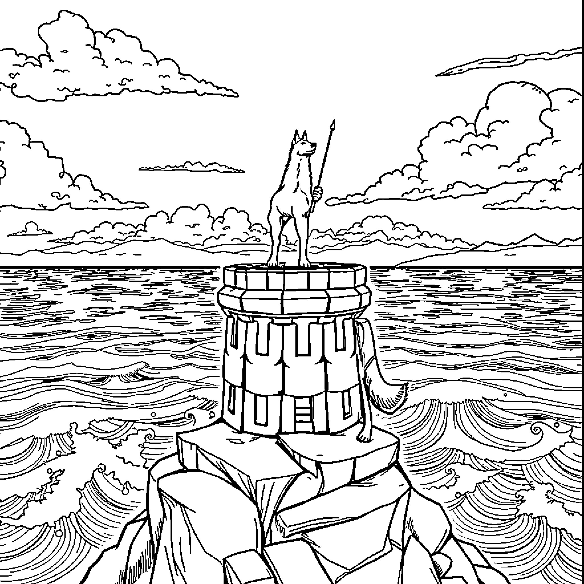 Huntrix surveying the rugged ocean landscape Coloring Page (free black-and-white line drawing printable PDF for all, from beginners to advanced learners, including children, teens, adults, and seniors)