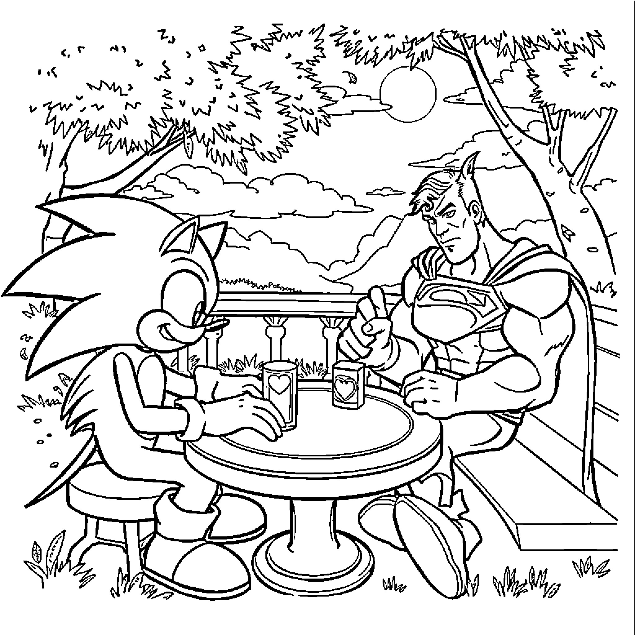 Sonic characters enjoying refreshments in the outdoors Coloring Page (free black-and-white line drawing printable PDF for all, from beginners to advanced learners, including children, teens, adults, and seniors)