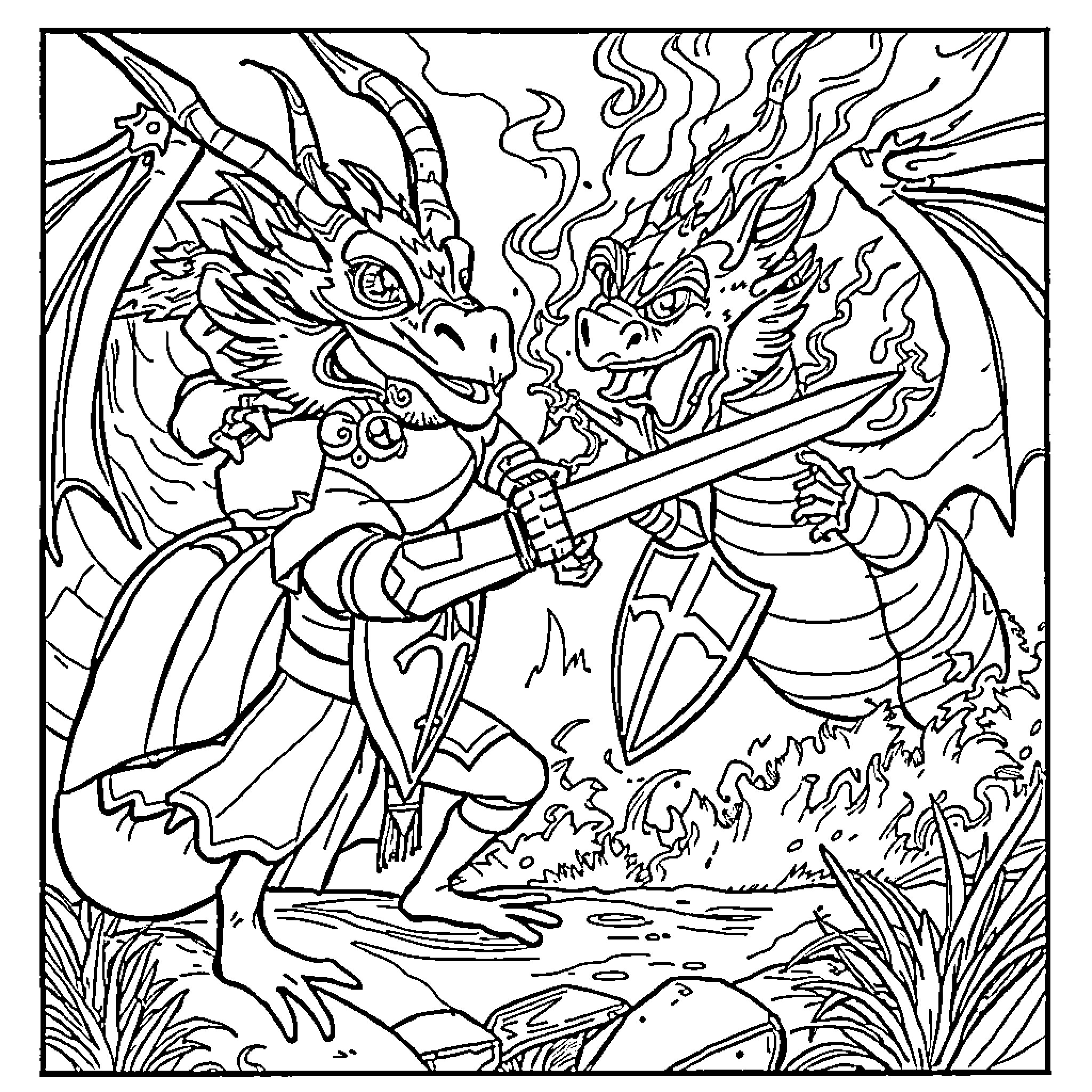 Frog warrior wielding flaming sword in epic battle Coloring Page (free black-and-white line drawing printable PDF for all, from beginners to advanced learners, including children, teens, adults, and seniors)