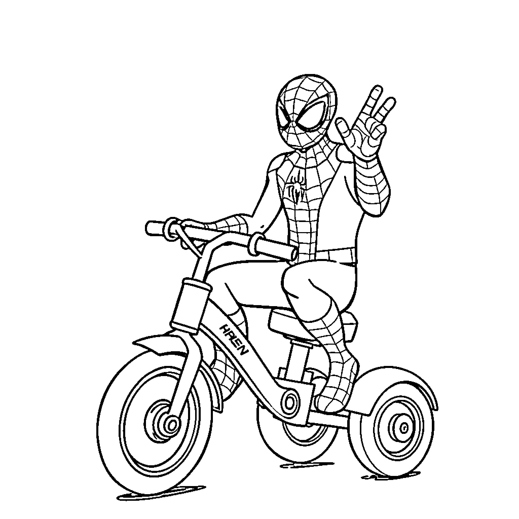 Spiderman riding a bicycle in the city Coloring Page (free black-and-white line drawing printable PDF for all, from beginners to advanced learners, including children, teens, adults, and seniors)