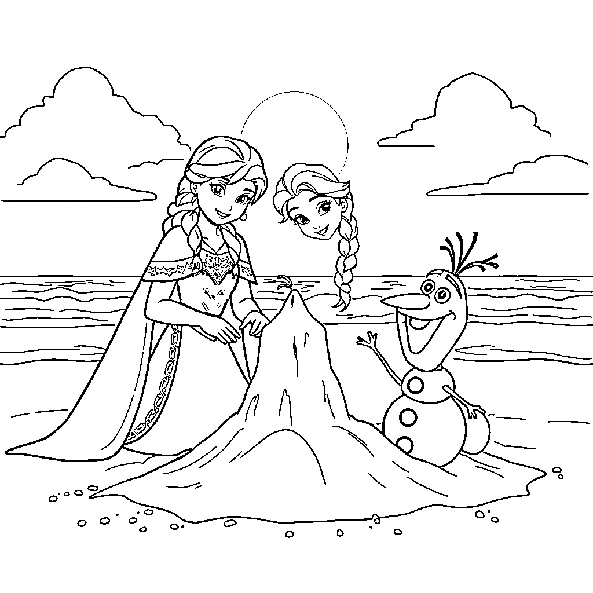 Princess Sisters Enjoying Beach with Olaf Coloring Page (free black-and-white line drawing printable PDF for all, from beginners to advanced learners, including children, teens, adults, and seniors)