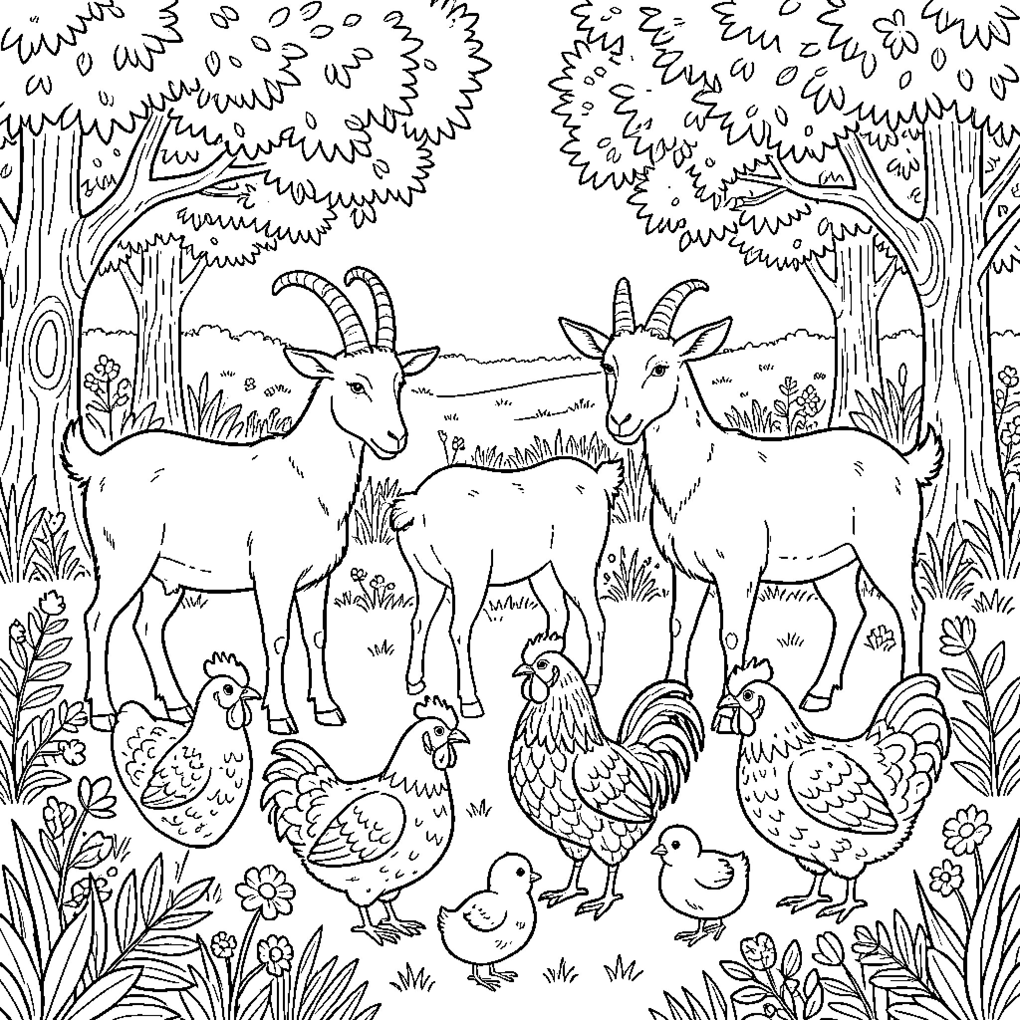 Animal farm scene with goats and chickens Coloring Page (free black-and-white line drawing printable PDF for all, from beginners to advanced learners, including children, teens, adults, and seniors)