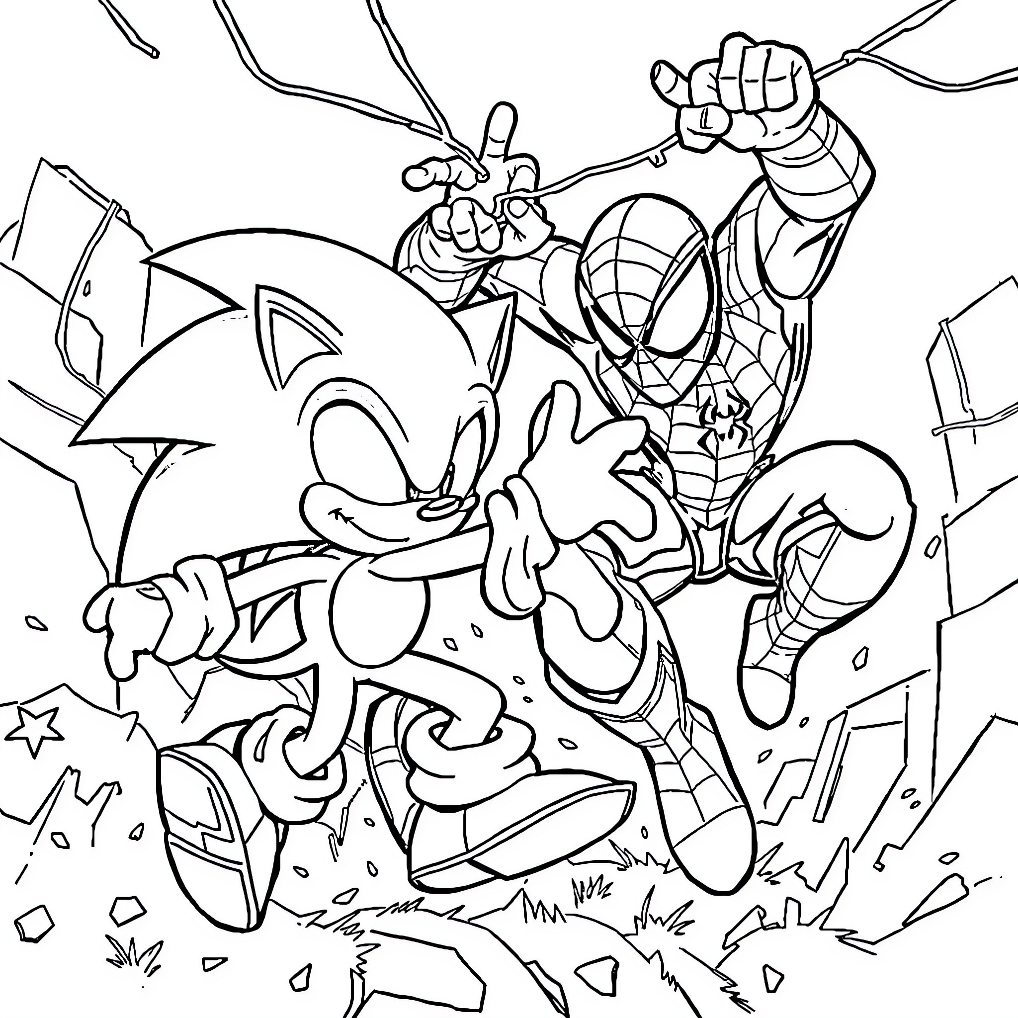 Sonic and Spider-Man battle in an action-packed scene Coloring Page (free black-and-white line drawing printable PDF for all, from beginners to advanced learners, including children, teens, adults, and seniors)